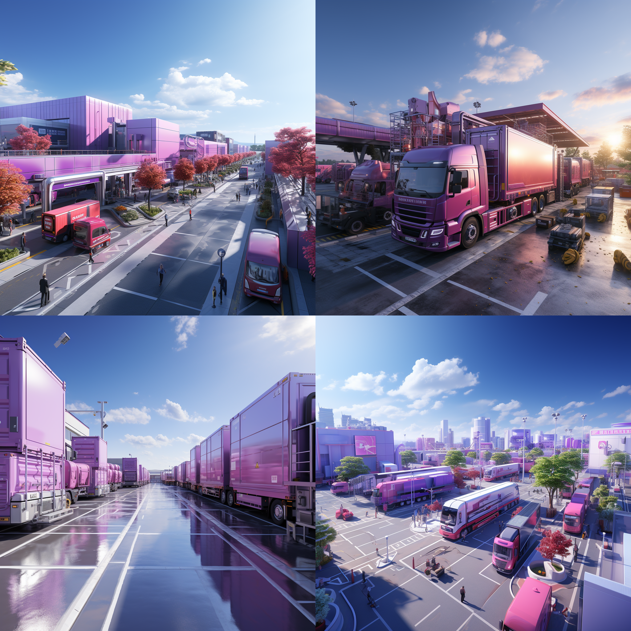 紫色系，物流园区，宽广的场景，饱满的活力，现代科技感，明亮的色彩，高清晰度，长焦镜头，运输车辆来往，繁忙的人流，机器装卸货物，令人振奋的景象，4k分辨率， 使用了blender和octane render进行渲染。，增加细节，