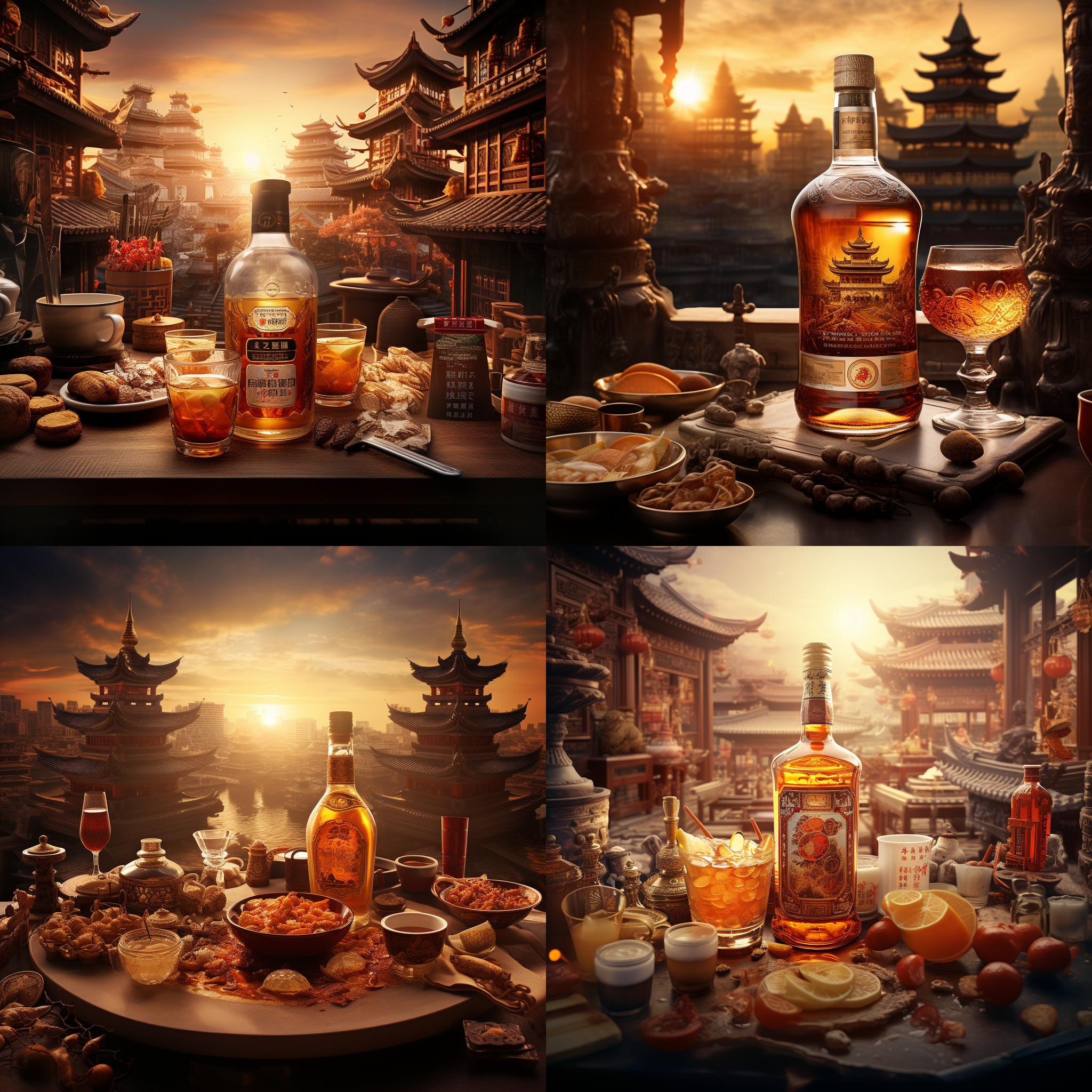 中国风酒类产品海报，中式建筑背景，战火纷飞，残阳氛围，高对比度，广角镜头，夕阳侧光，烟雾效果，壮观场面，中国传统元素，古色古香。中间是一款酒类产品展示