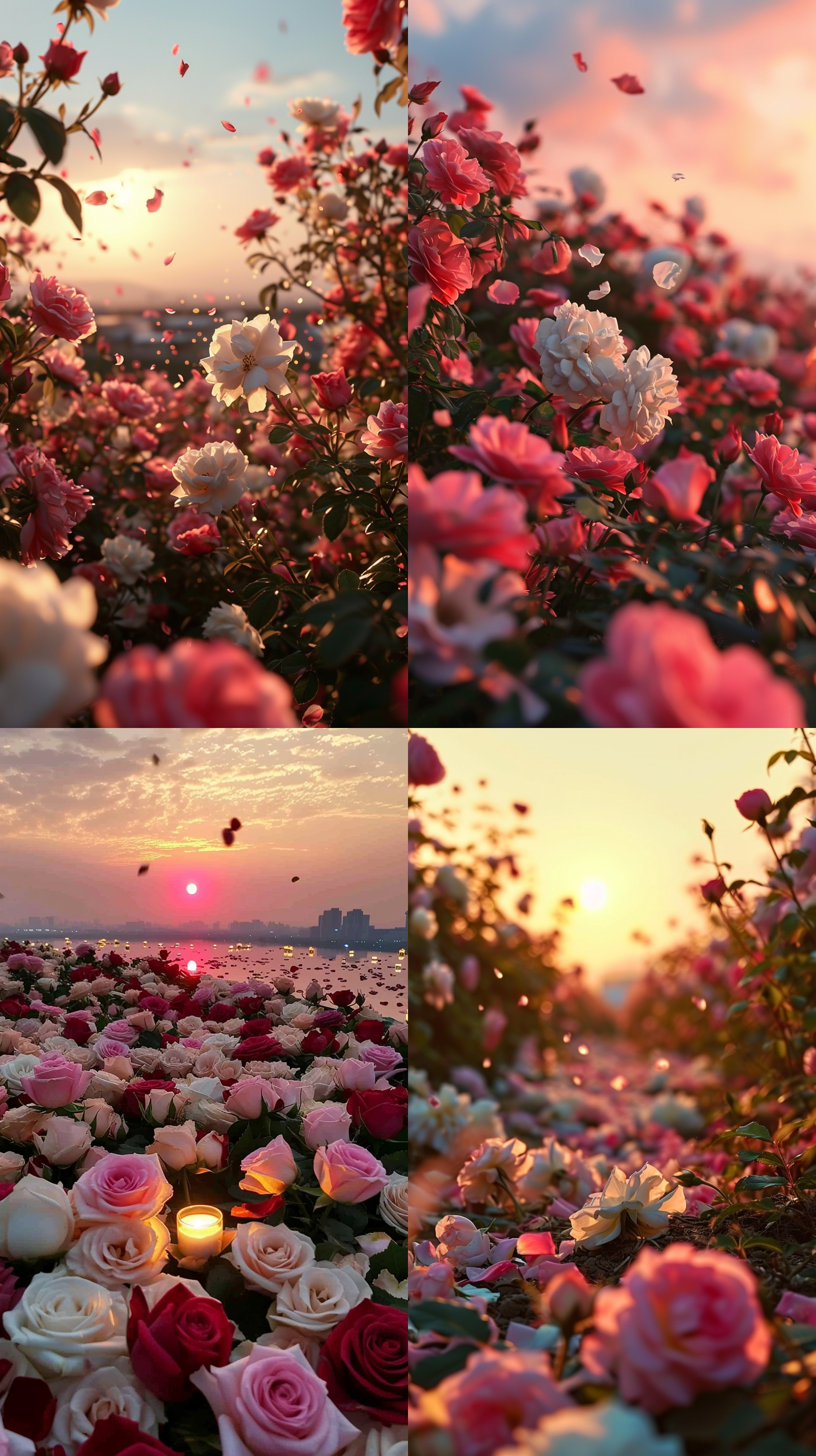 晚上，实景拍摄1000朵美丽浪漫的粉白玫瑰绽放，美丽的花朵清晰可见，白色和红色的花朵，蓬松柔软的花瓣，两侧是许多花朵，中间是落下的发光花瓣，日落的天空，远处是城市，折射着粉粉光，超逼真，超真实，摄影，神奇，幻想，清晰，8k，由宫崎骏高清拍摄。