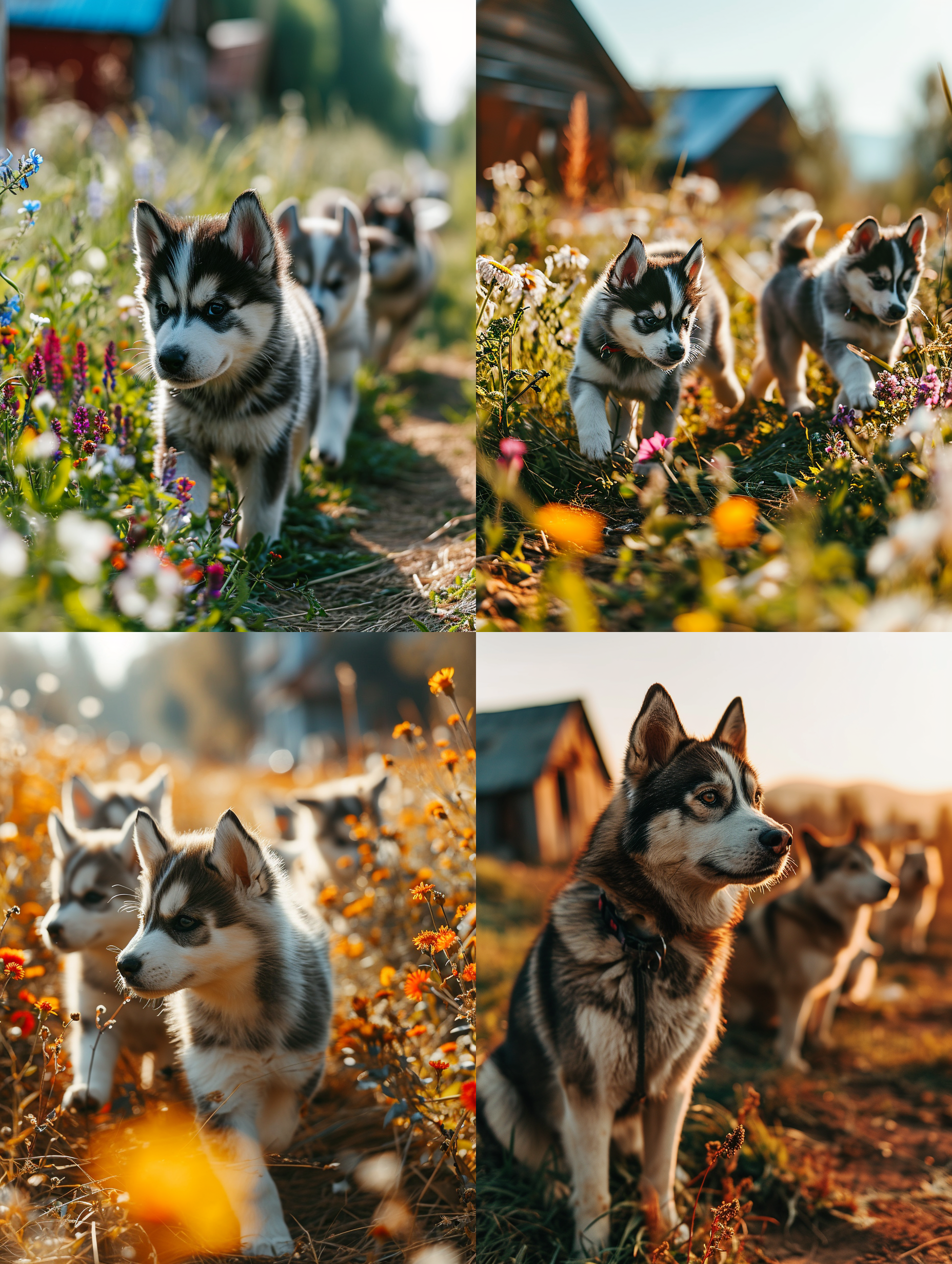 一群可爱的小哈士奇狗在一处空草地上打闹嘻戏！专业动物摄影，徕卡相机专业摄影，周边是野花，长满野花的木板房子，呆萌可爱，古灵精怪，可笑，阳光光线，野外真实光线，超写实，现实风格，8k超高清画质