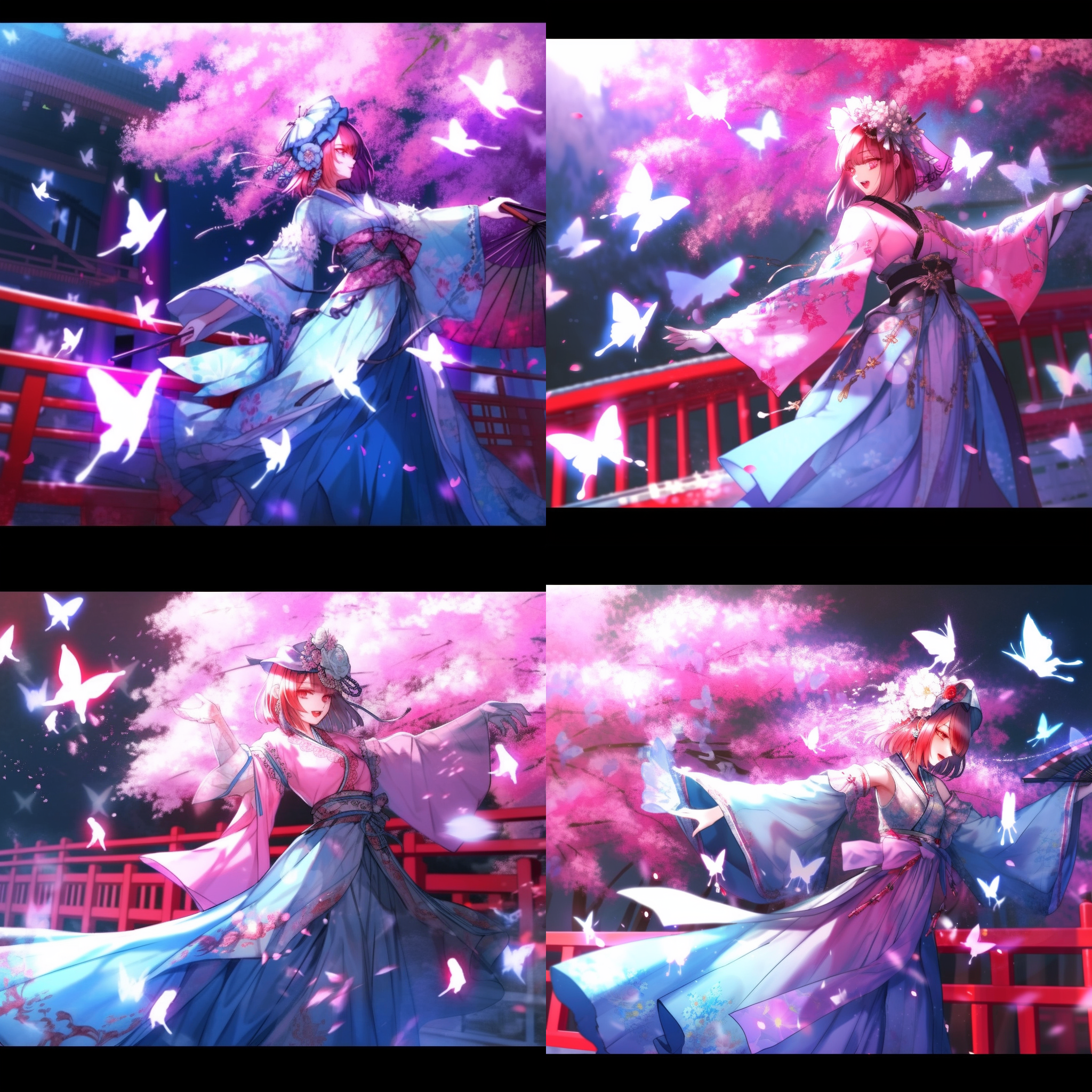 在天空的花的都城，华胥之女拿着华扇在樱花的海洋里翩翩起舞，粉红得妖艳到让人惊叹，无数蓝水晶般的蝴蝶和悠长的白魂萦绕，衬托着不属于凡俗人世的美丽