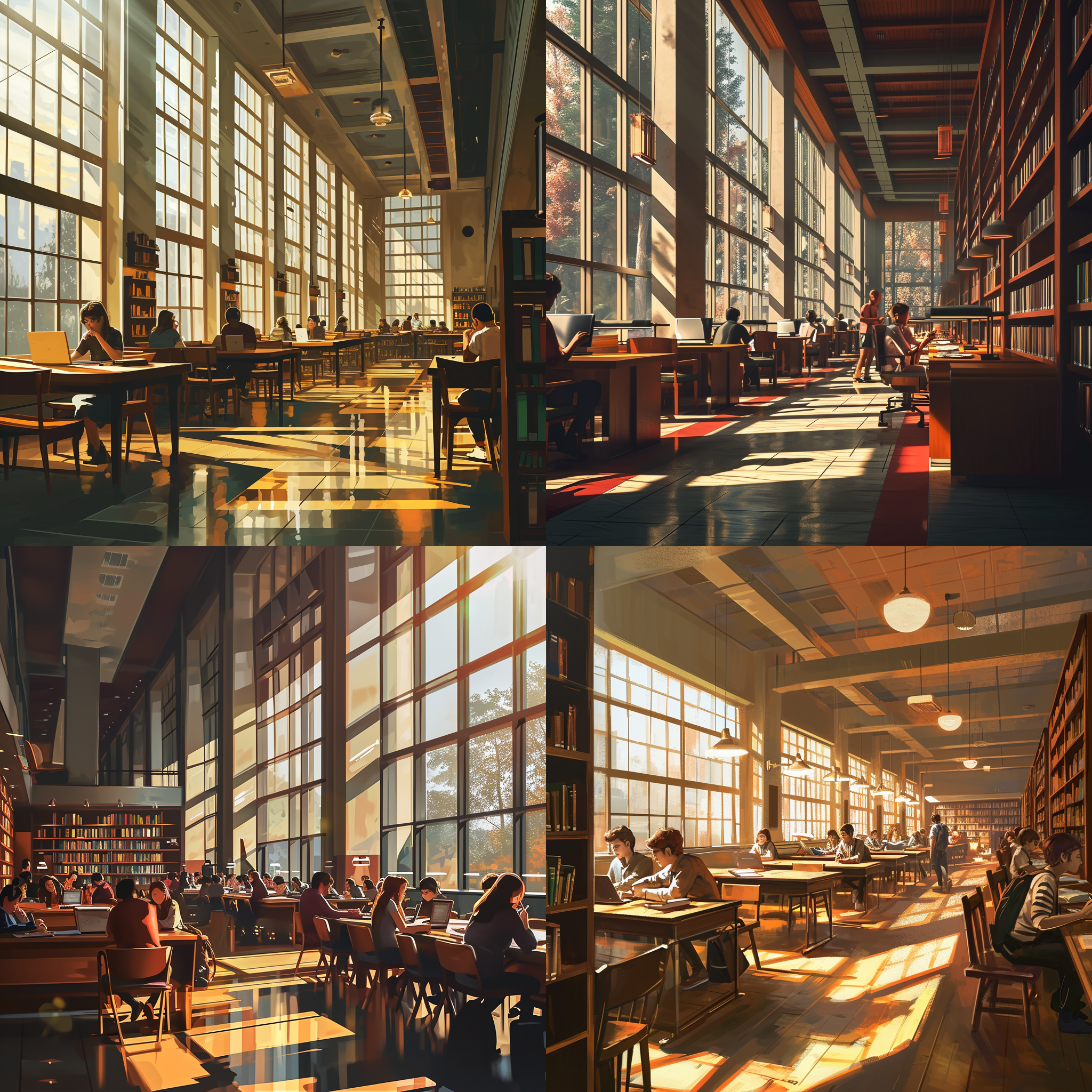 明亮的图书馆自习室，里面有很多青年学生在学习，写实风格