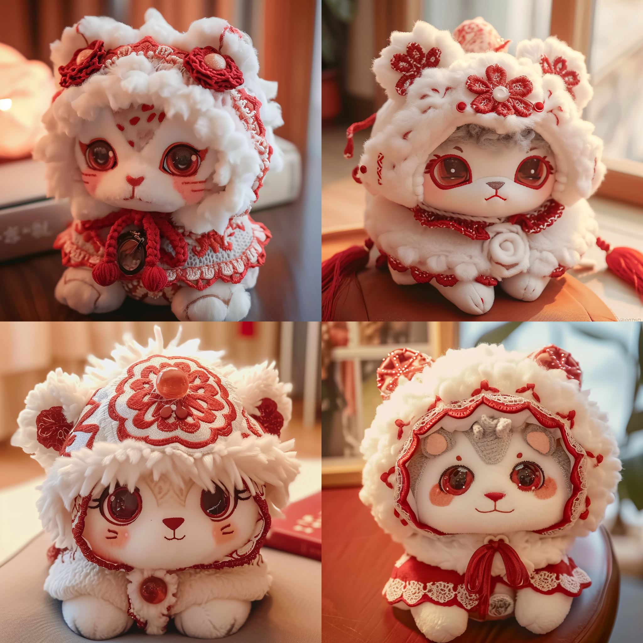 一个小醒狮的毛绒头套，头套是红色系的，有白色毛绒边点缀， 针织材质的花边领，边缘有红色点缀，毛绒材质，正面镜头，中国风格，可爱，泡泡玛特，矢量图