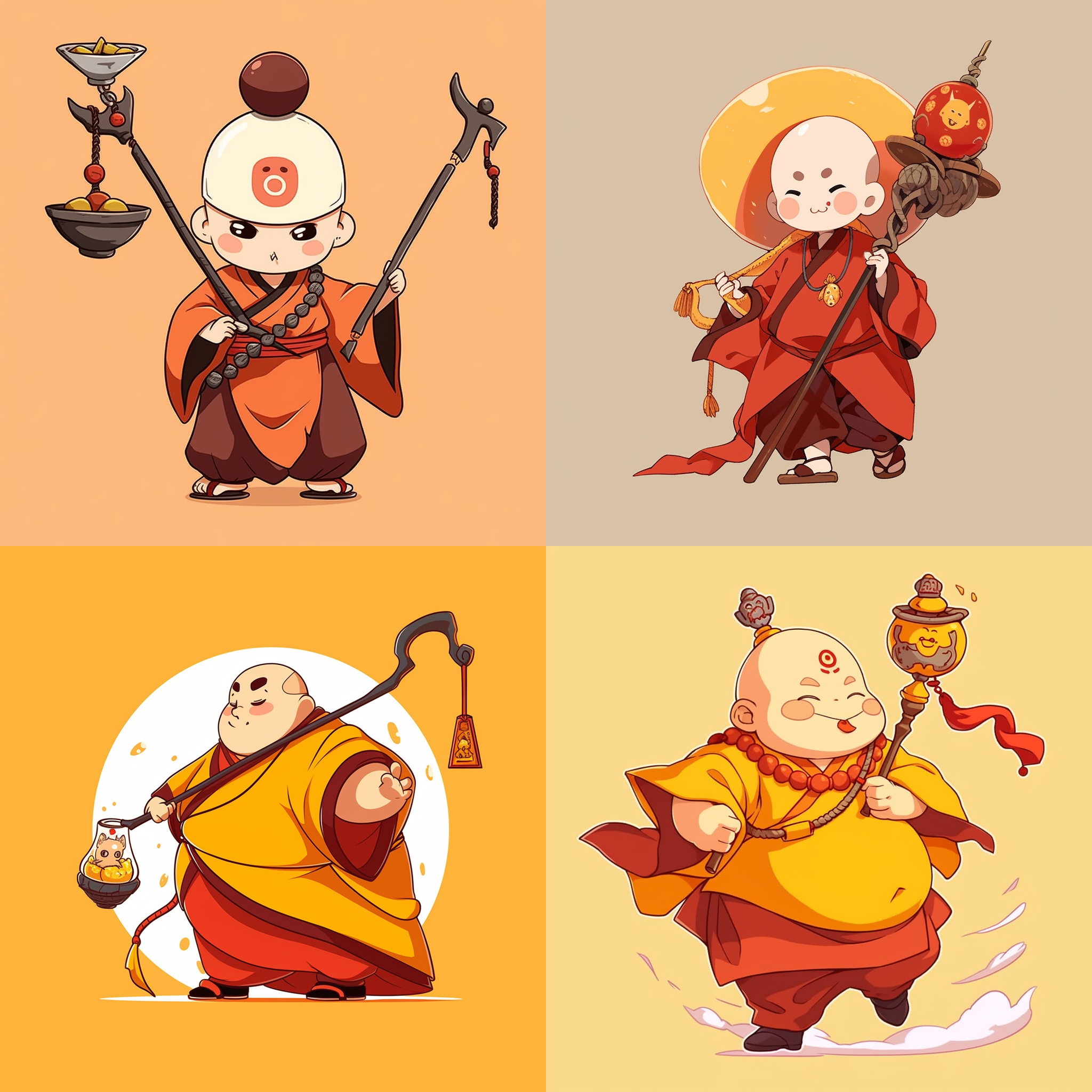 设计一个卡通唐僧 黄色唐僧帽 红色方格袈裟 手持金色拐杖，手碗挎着咖色佛珠，纯色背景