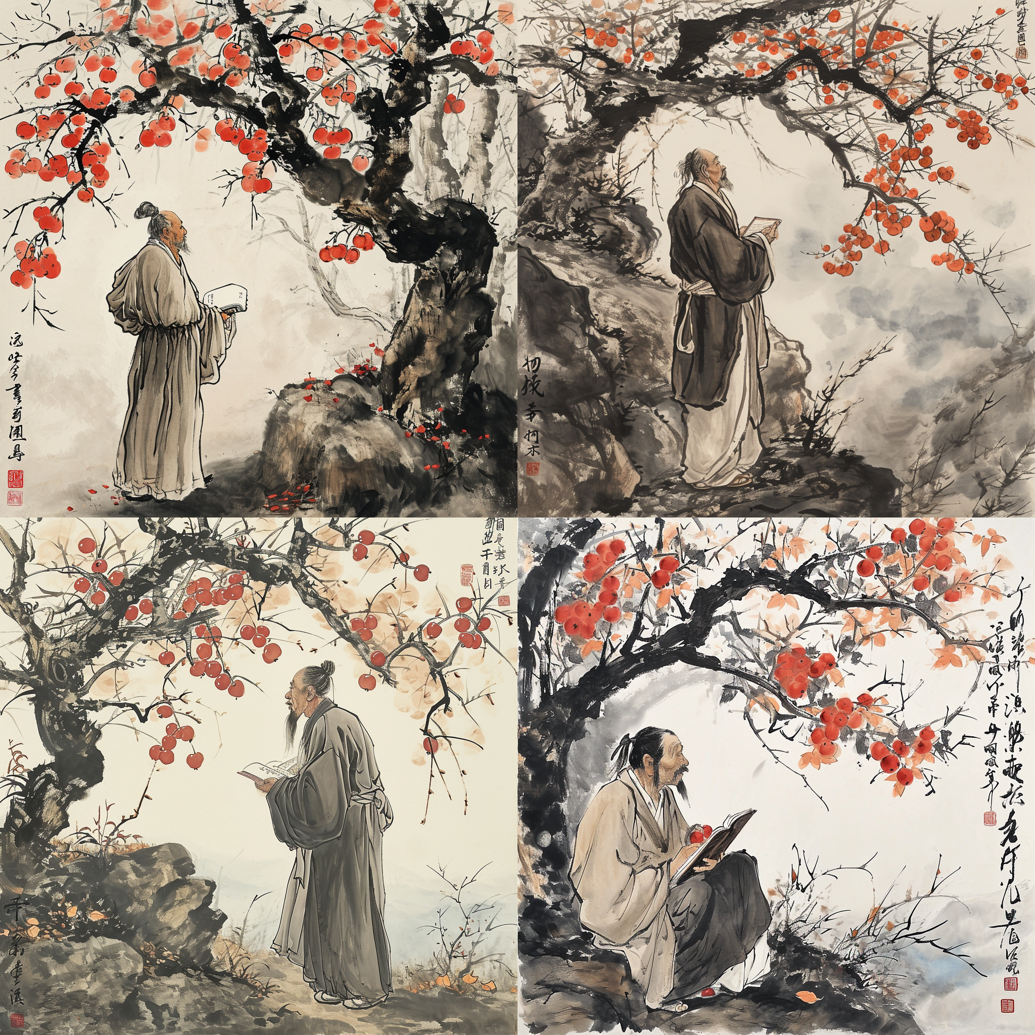 传统水墨，深秋，旷野中一颗柿子树，书上结满红红的柿子，霜降后，树上无树叶，树下一个老男人，身穿长袍，背着手拿一卷书，梳着一条长辫，抬头仰望树上的柿子。