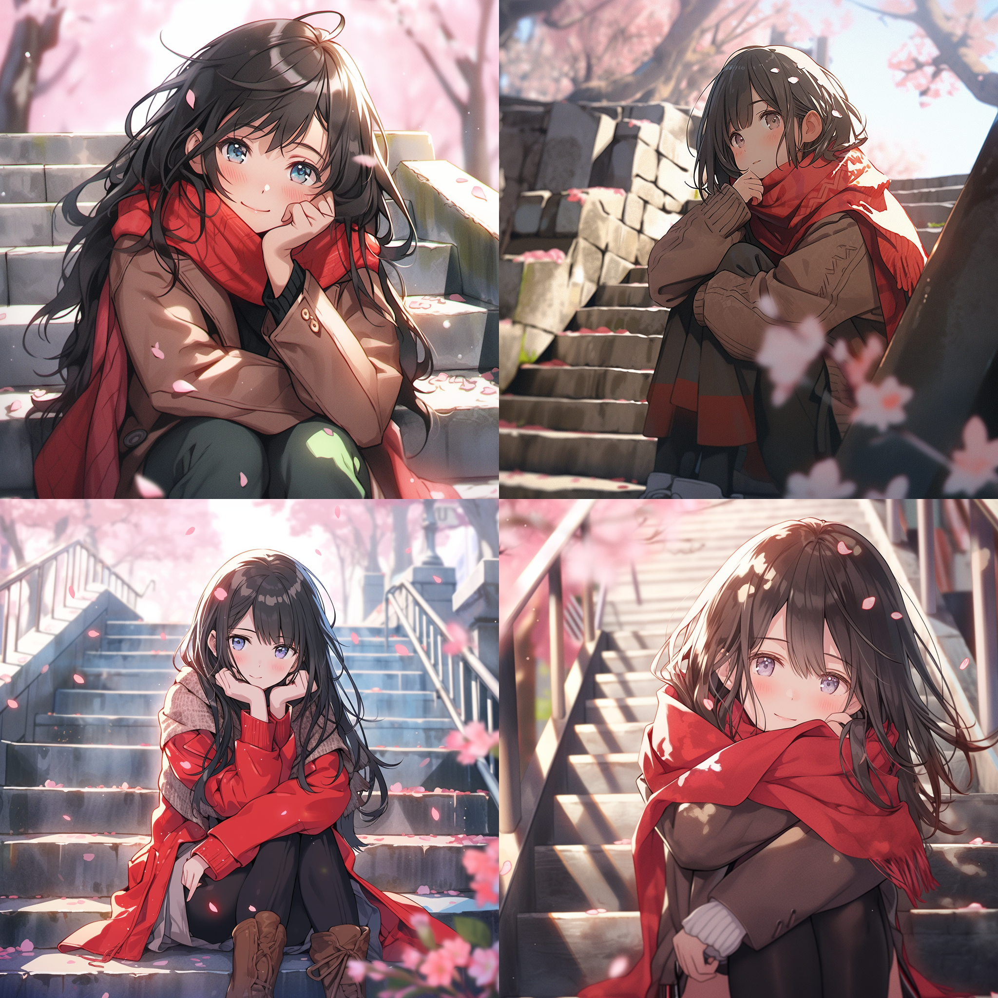 头像，pixiv,黑发女孩坐在台阶上，手扶着头，面对镜头，微笑。拍摄角度仰视，构图简洁，环境明亮。她穿着棕色外套和红色围巾，周围是樱花树和鲜花。画面风格自然真实，色调明亮，光线柔和。喜悦，自信，自然，青春活力