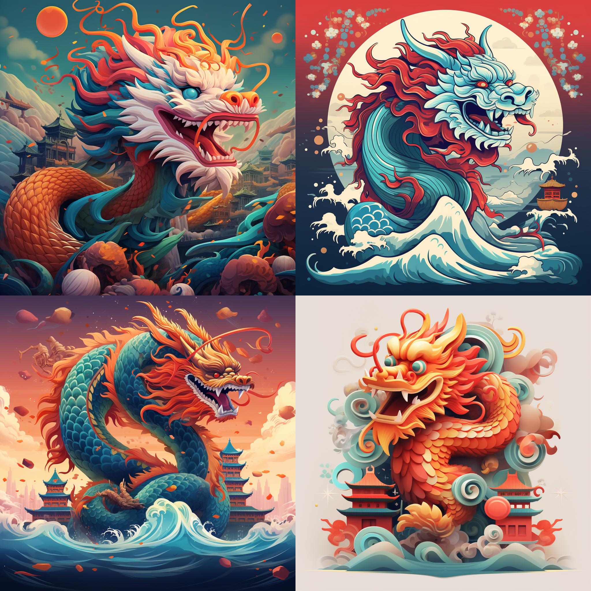 生成一个贺年海报，一条彩色的卡通中国龙，专业配色，表现出元且和春节的喜庆，2k