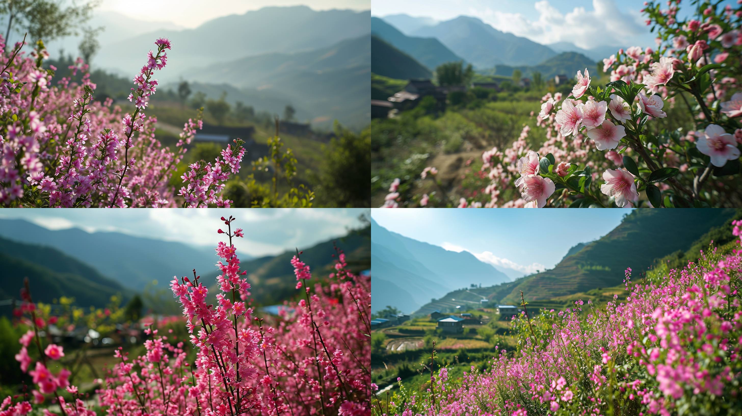 中药材种植基地，粉红色白鲜皮正在进入盛花期，镜头是中景镜头，摇臂高视角拍摄，成片的白鲜皮花盛开，远处的群山，灌木林，村庄民房，田间小路，专业顶级花卉摄影，16k超高清晰度，色彩层次丰富，画面细节丰富