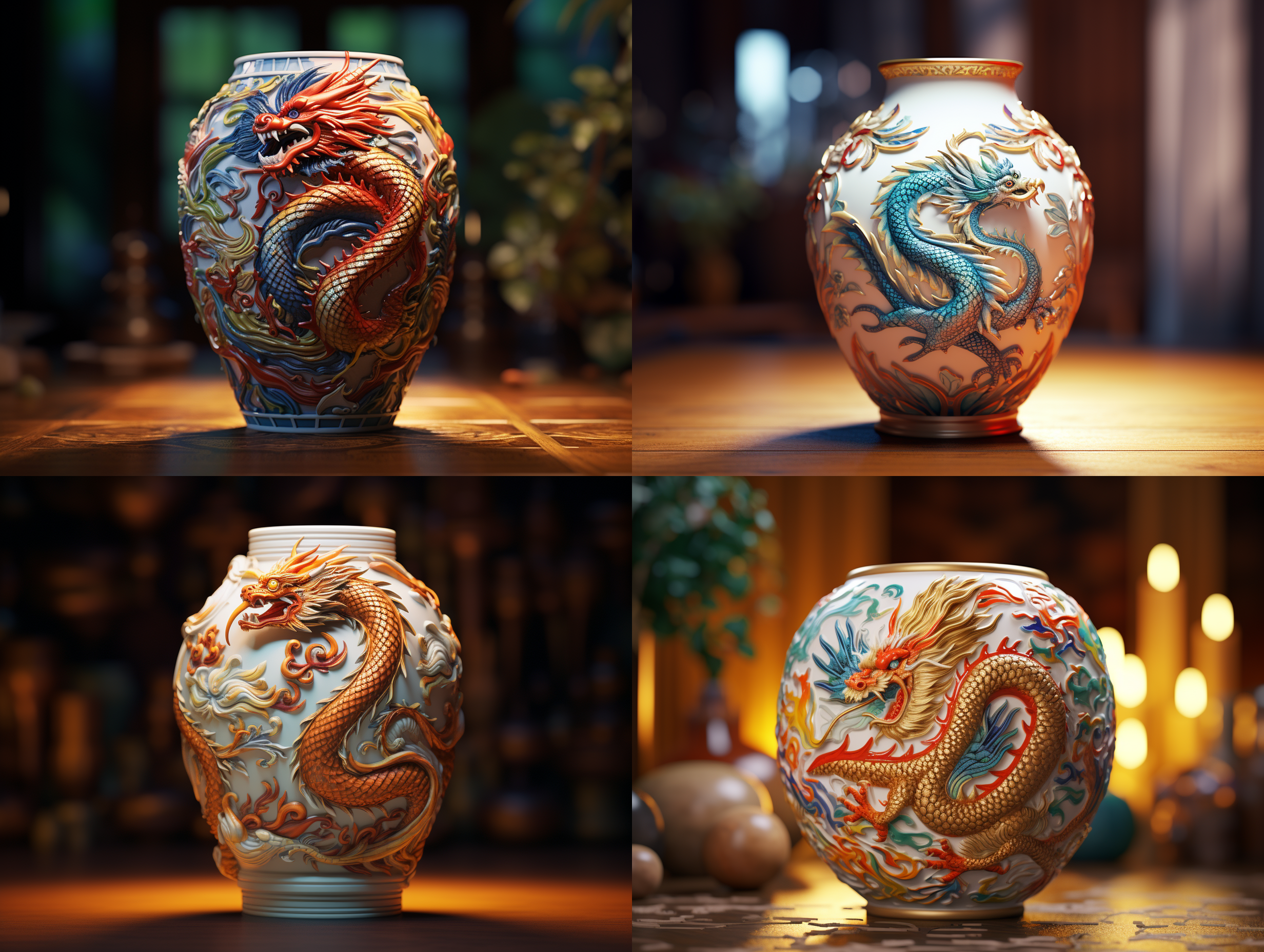 porelain, vase, dragon and phoenix pattern, super soft, ultra detailed, photorealistic, 8k