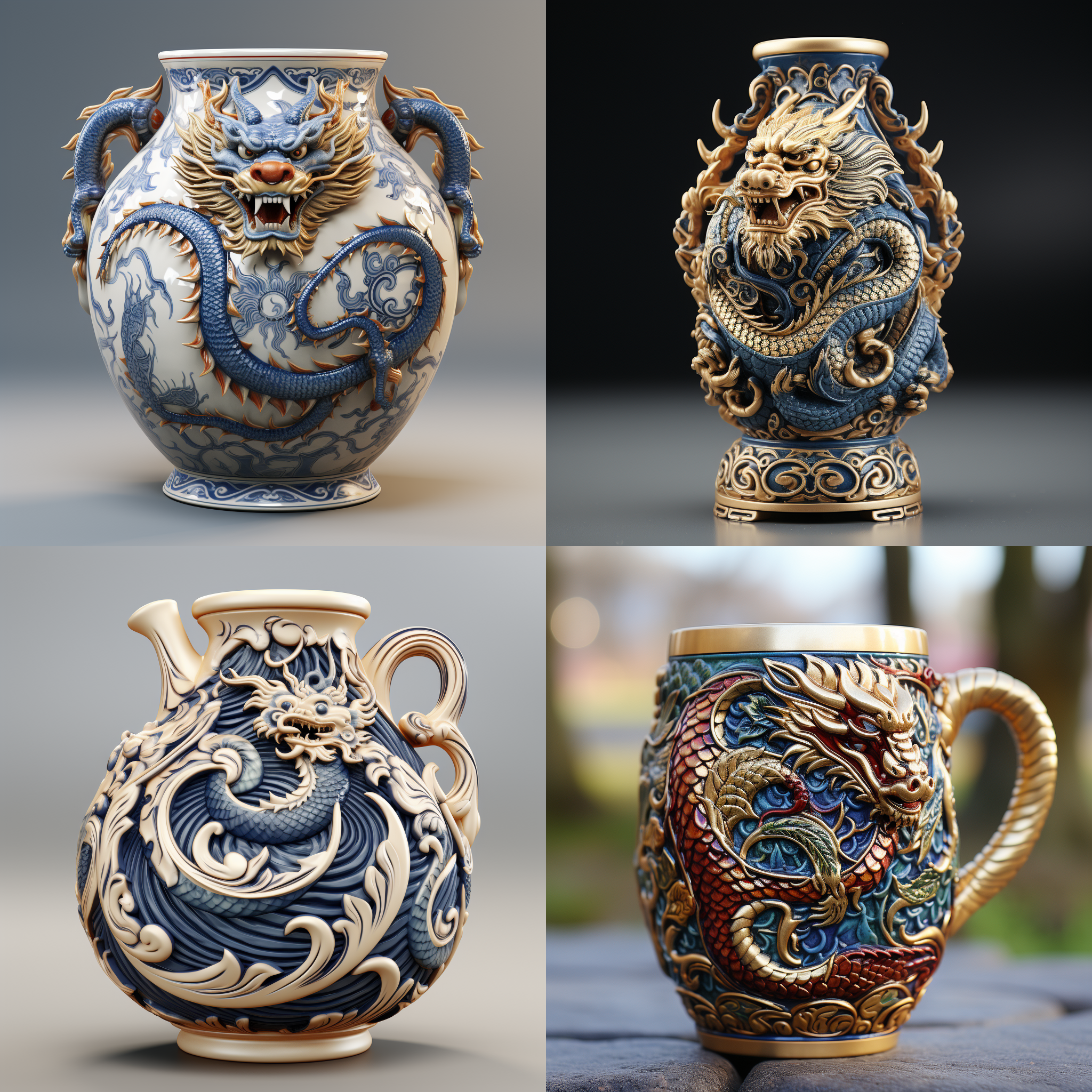 porelain, vase, dragon and phoenix pattern, super soft, ultra detailed, photorealistic, 8k