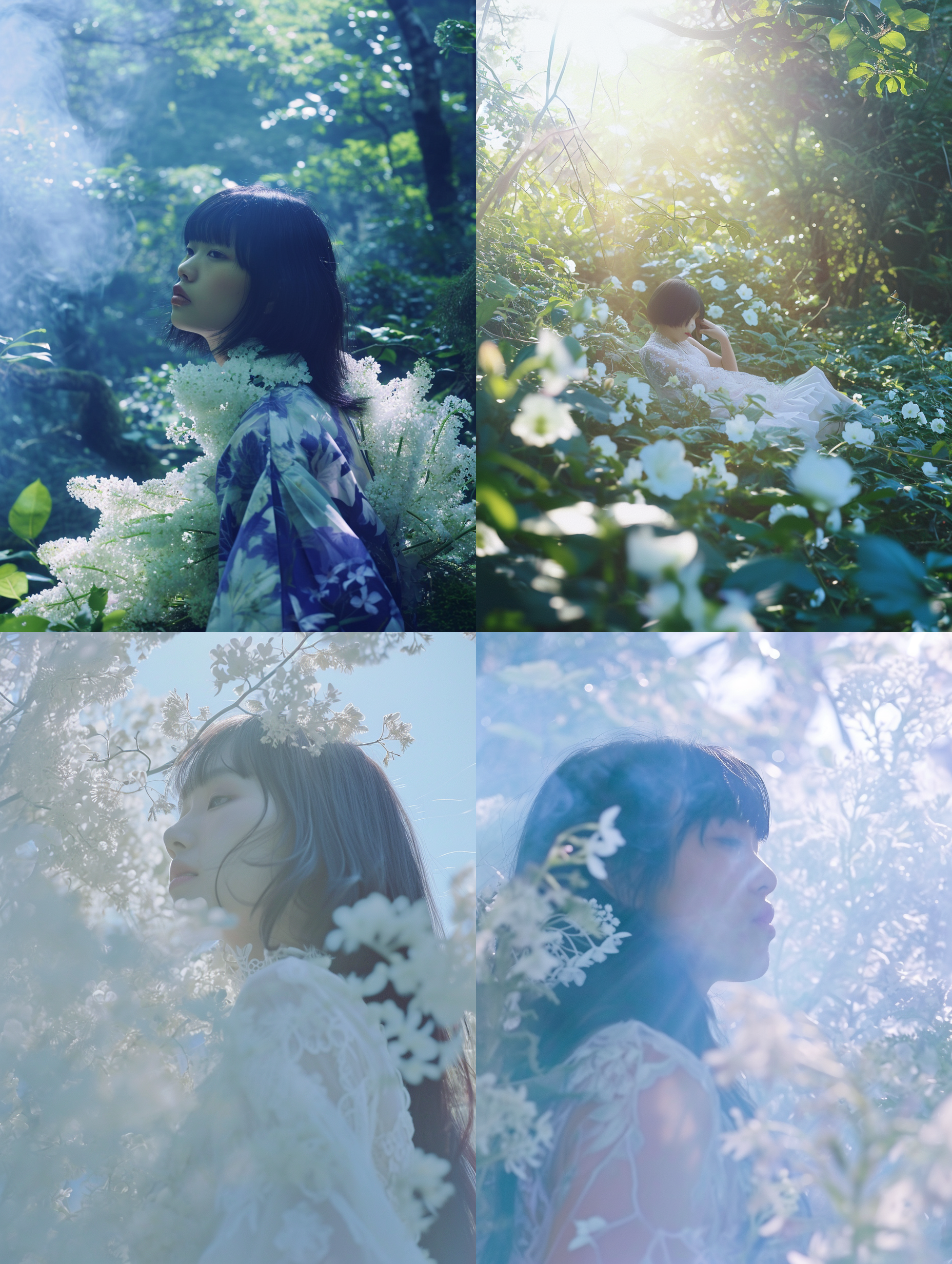 a woman,photography by rinko kawauchi,model nana komatsu in lightblue fantasy rainforest,with white flowers,backlight,golden hour,video screen capture