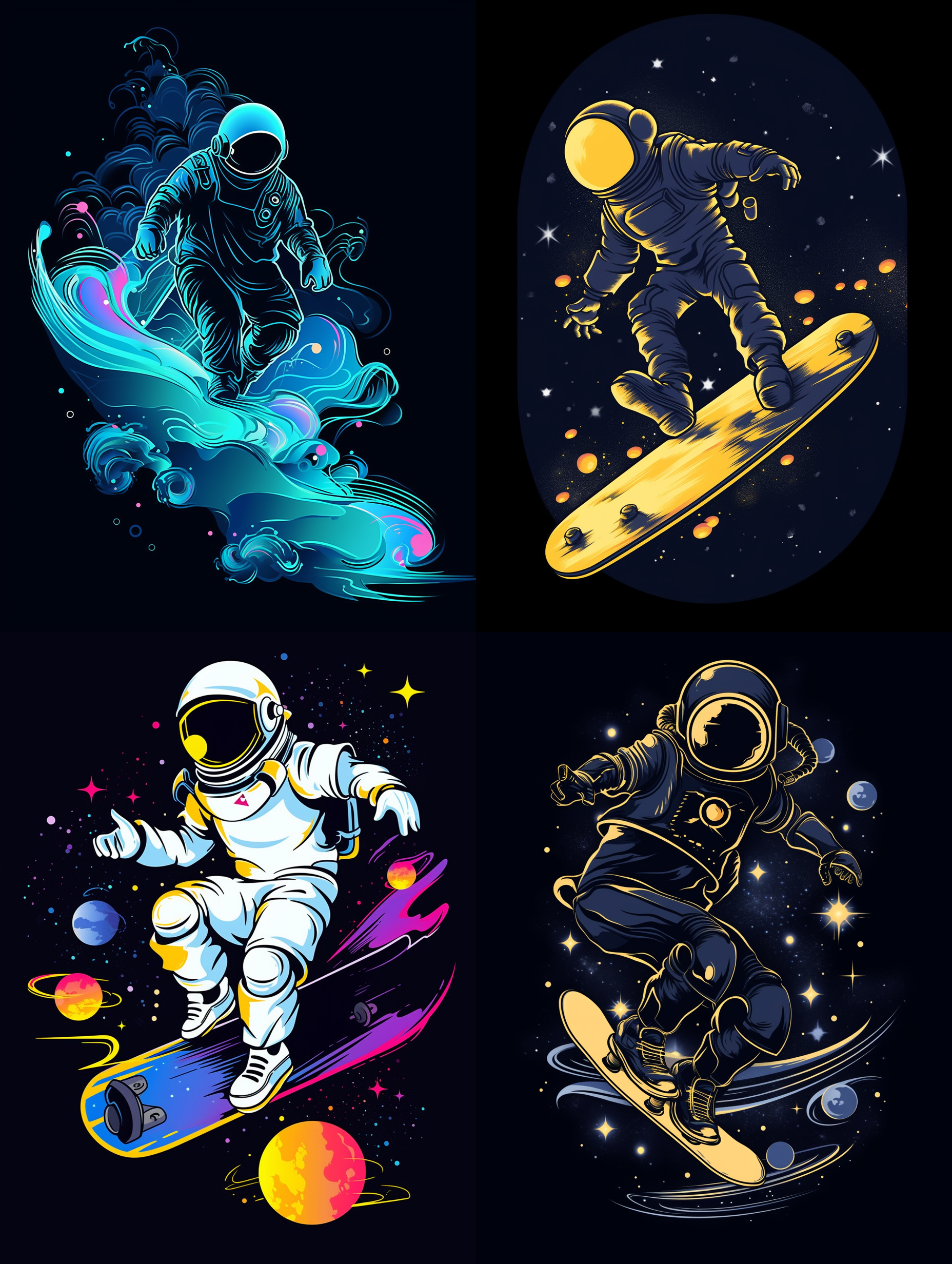 一名宇航员在外太空踩滑板，外太空的地球，浅海军蓝和金色色调，背景要干净，营造出深度和丰富感， 艺术品品质超高，细节复杂，描绘了浩瀚的太空、星空和未来主义风格， 该场景从远处捕捉风景，展示了宇航员穿越迷人宇宙奇观的壮丽旅程。 图像以极高的分辨率渲染，让每一个细节都能获得身临其境的体验,