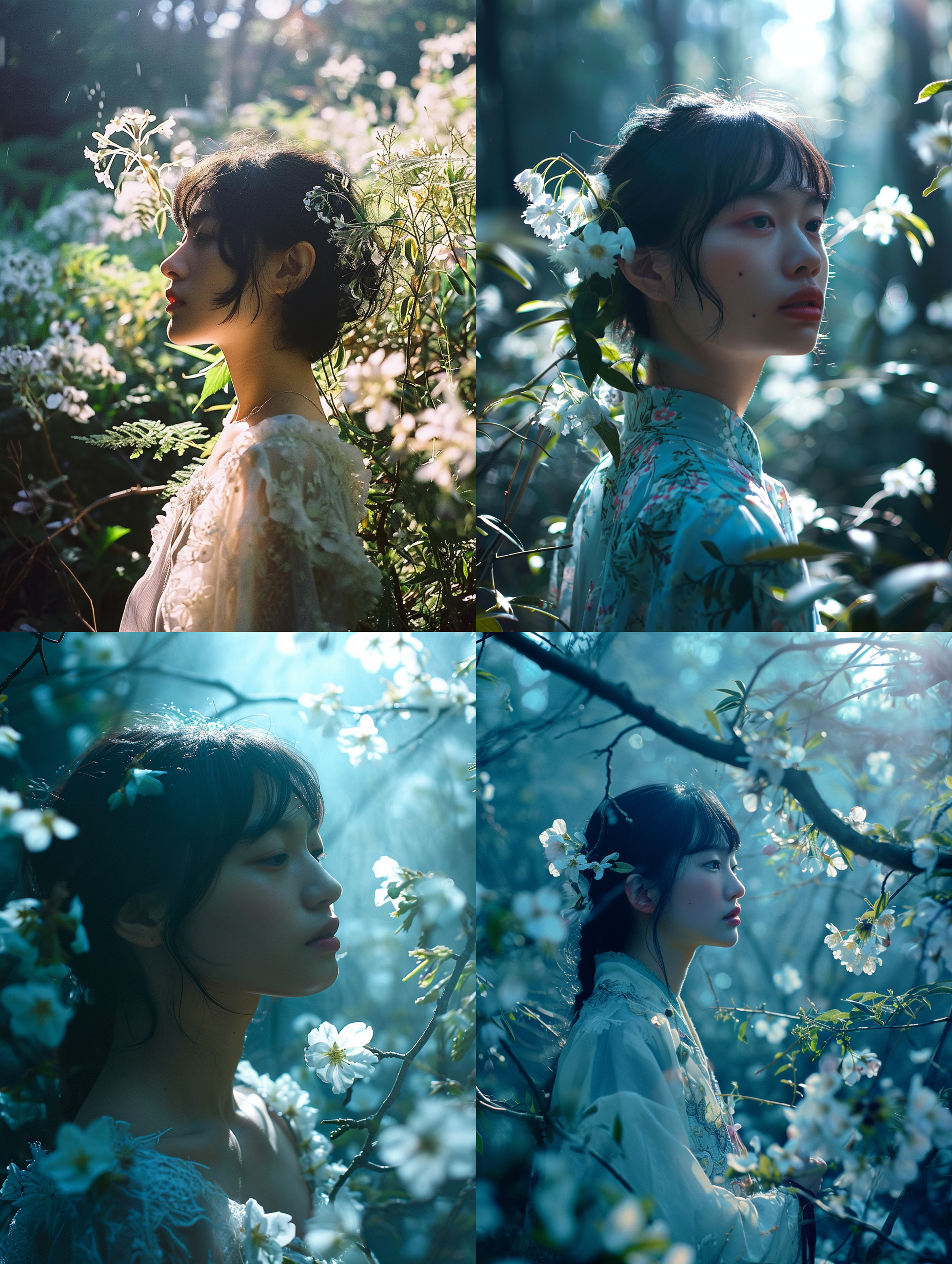 a woman,photography by rinko kawauchi,model nana komatsu in lightblue fantasy rainforest,with white flowers,backlight,golden hour,video screen capture
