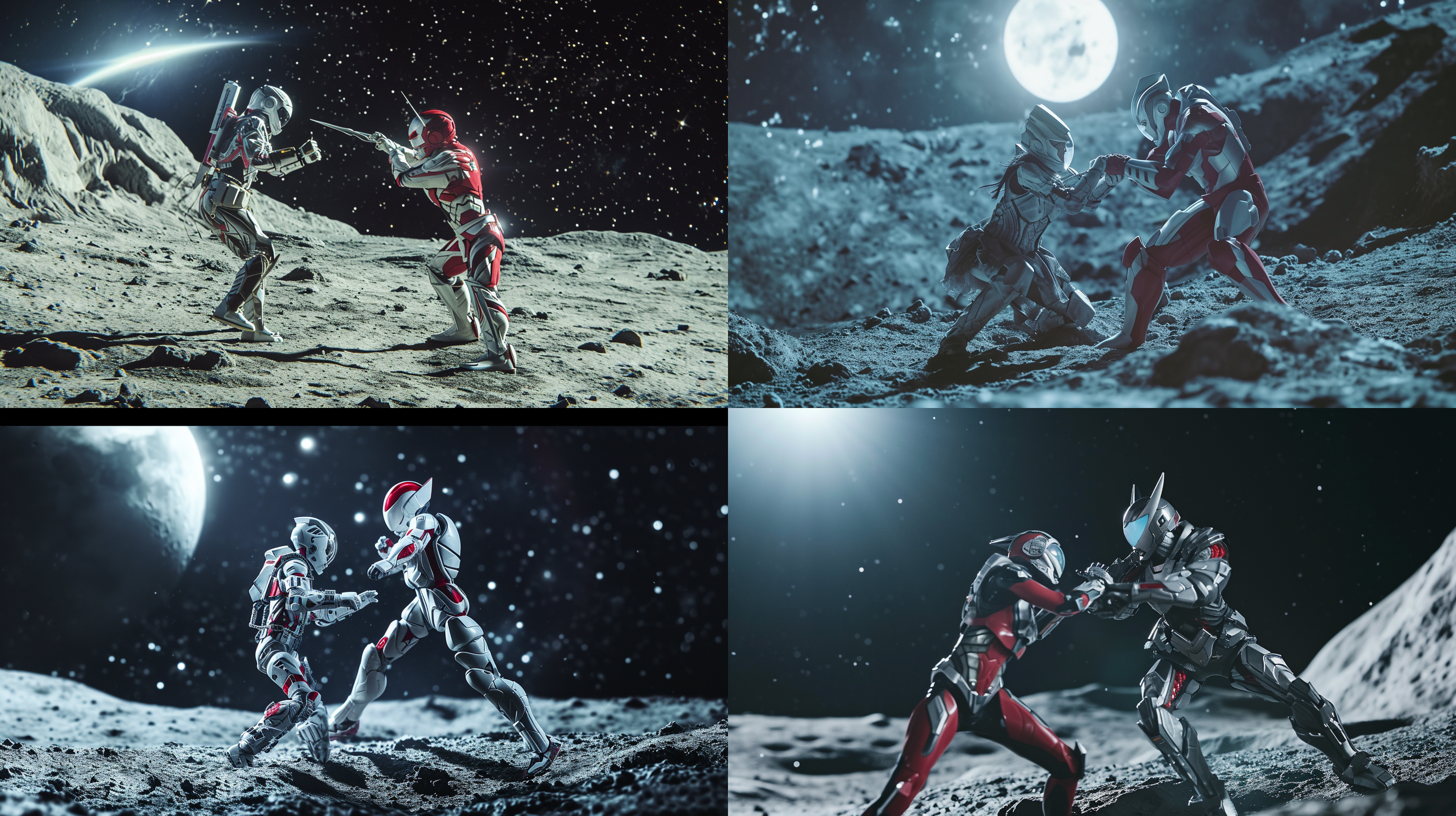 美少女战士与奥特曼在月球上决战，背景为月球表面。使用长焦镜头拍摄，突出两者的英勇形象。光线来自月球的反射，营造出神秘而紧张的氛围。两位战士在空中展开激烈的动作，彼此交错，传达出战斗的激情与决心。