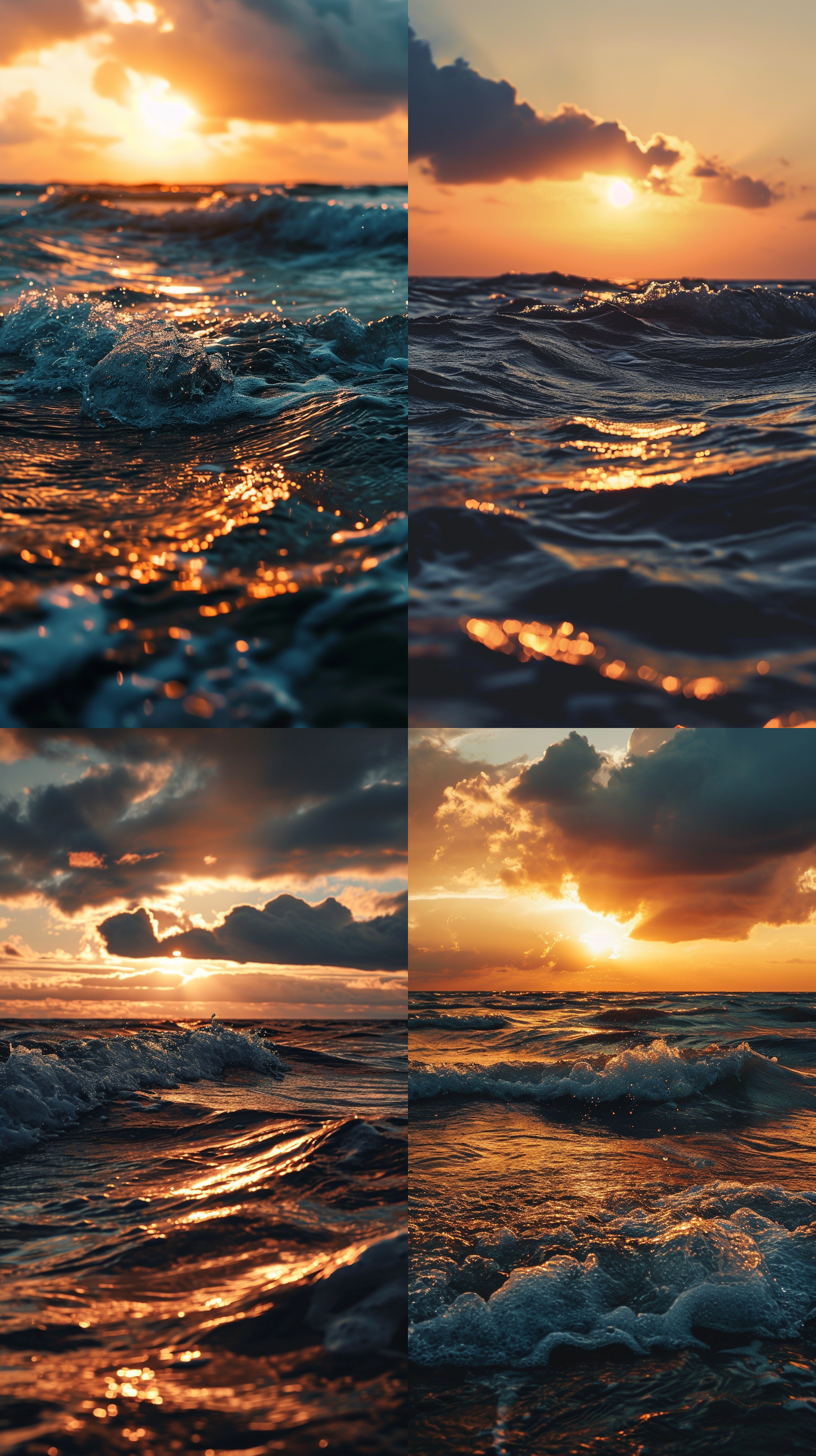 sunset, sea, golden tones, clouds floating, backlight shooting, lens perspective, choppy waters, gradient tones, serenity, romance, magnificence. 