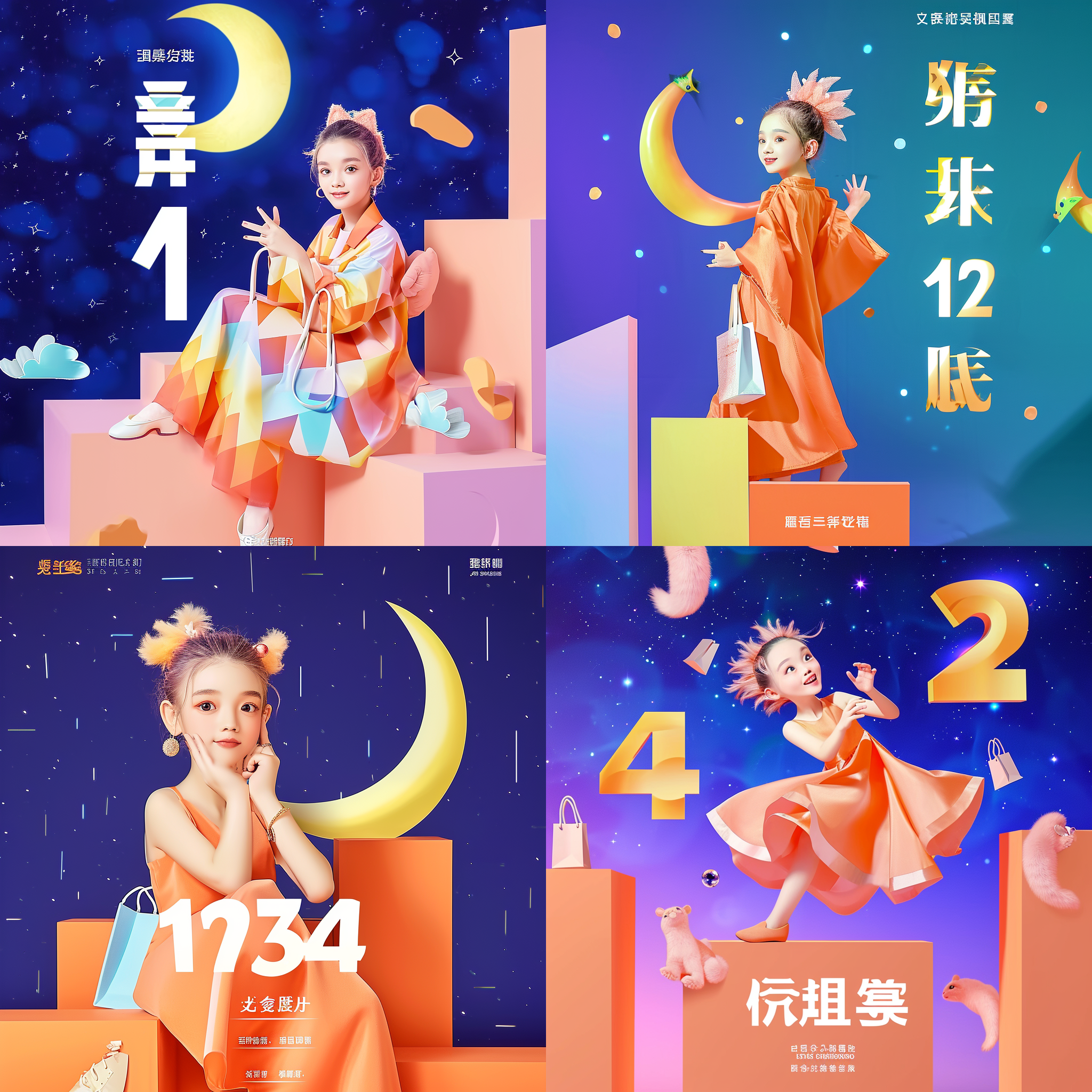 淘宝店电商，海报式布局，明亮色调，网购氛围，多层次构图，模特打扮时尚，摄影棚拍摄，软光，自然动作，购物袋，快门速度适中，欢快。