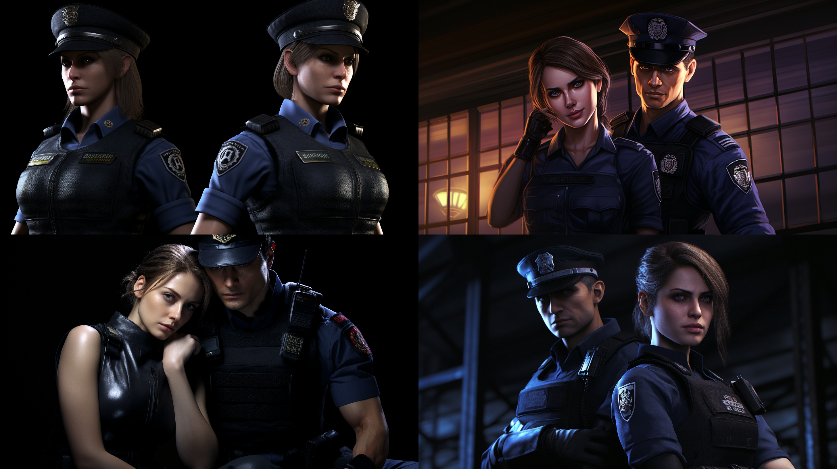 jill, the female police officer from raccoon city police department in resident evil, falls in love with the newly appointed male officer, leon. together, they defend against the zombie attacks at the police station.