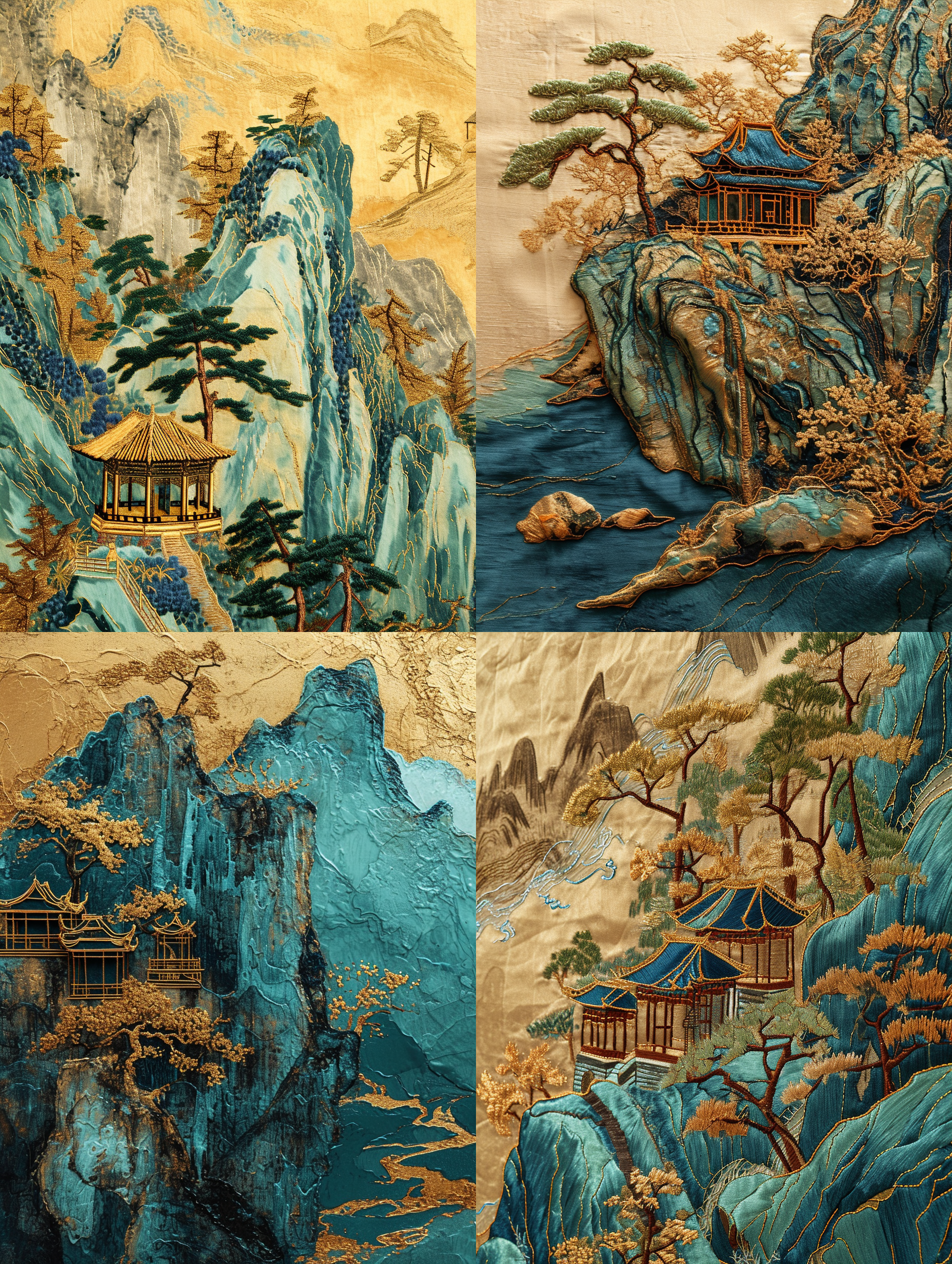 chinese embroidery craft of a golden-blue-green mountain with pavilions and trees, gilding, flowing liquid gold, minimalist color field, freehand brushwork, blank-leaving, organic form, simple background ，q 0.5 ，ar 3:4 ，v 6.0 