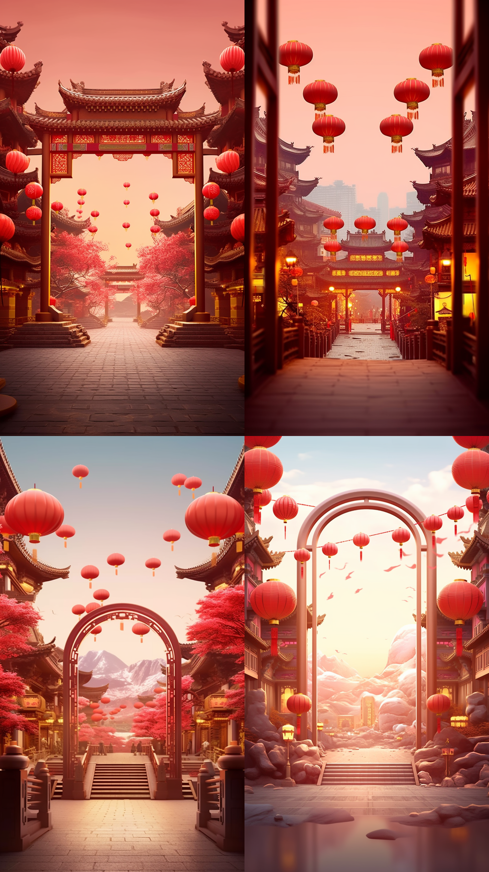 中国古建筑圈，一条繁忙的街道，中心是一条道路，两侧是古风建筑的商店，有着盛大的促销和销售的节日气氛。温暖的灯光。古风建筑和商店春节，简单的中国建筑大门 充满阳光