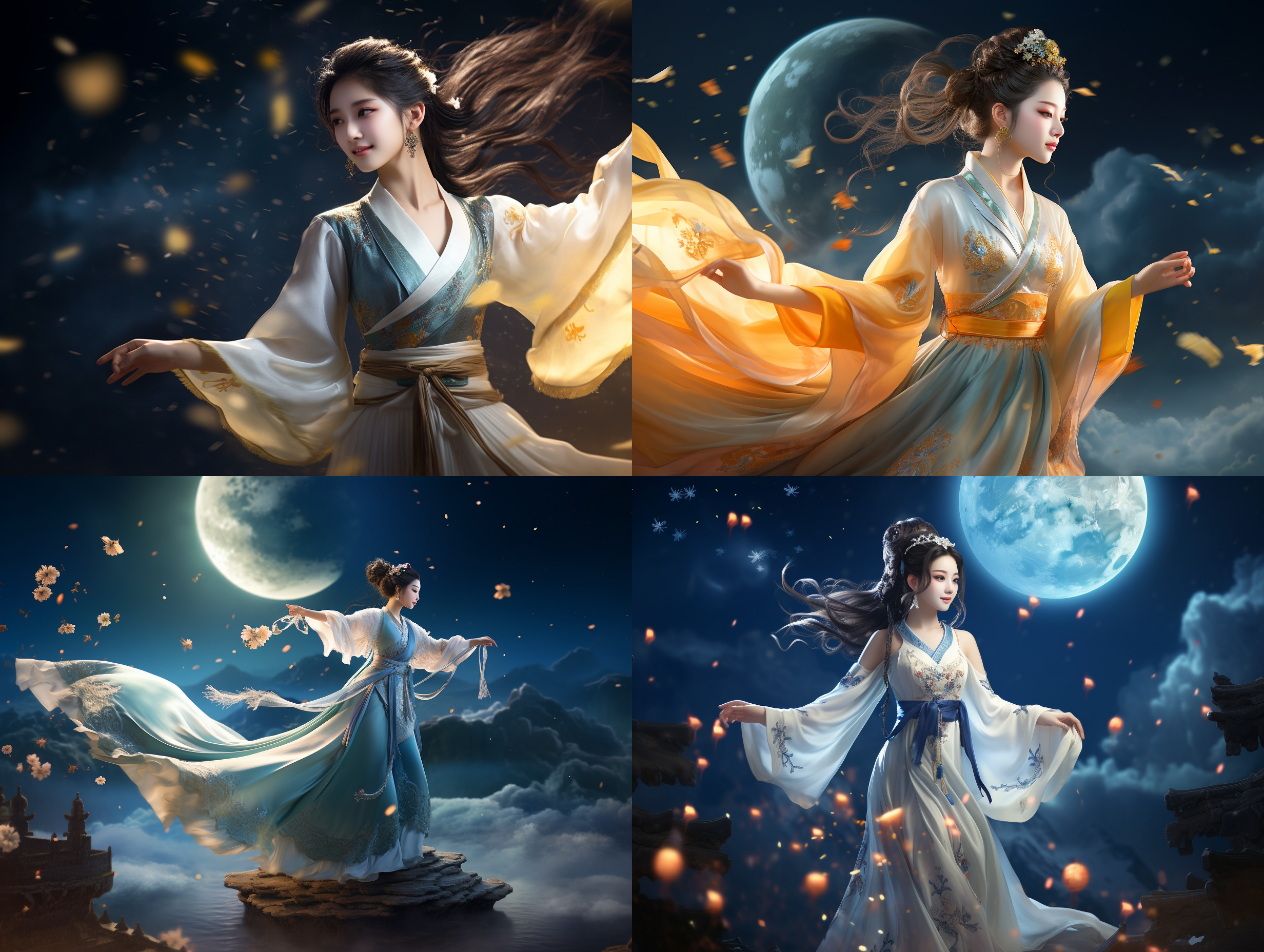 一轮明月，古代美女微笑着横着朝天飞去，绫罗丝绸曲线飘行。嫦娥奔月，中秋节意境。超高清清晰度，16k画质，远景全景。姐姐脸。月光照耀下，柔和的色调，梦幻般的氛围，宛如仙境。