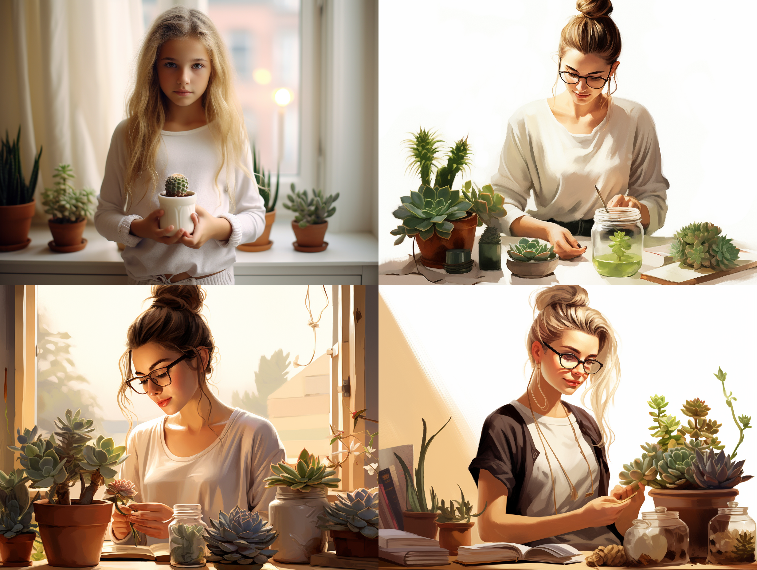 一盆多肉植物，室内， 暖光，欧式台面，一个女生，白色背景