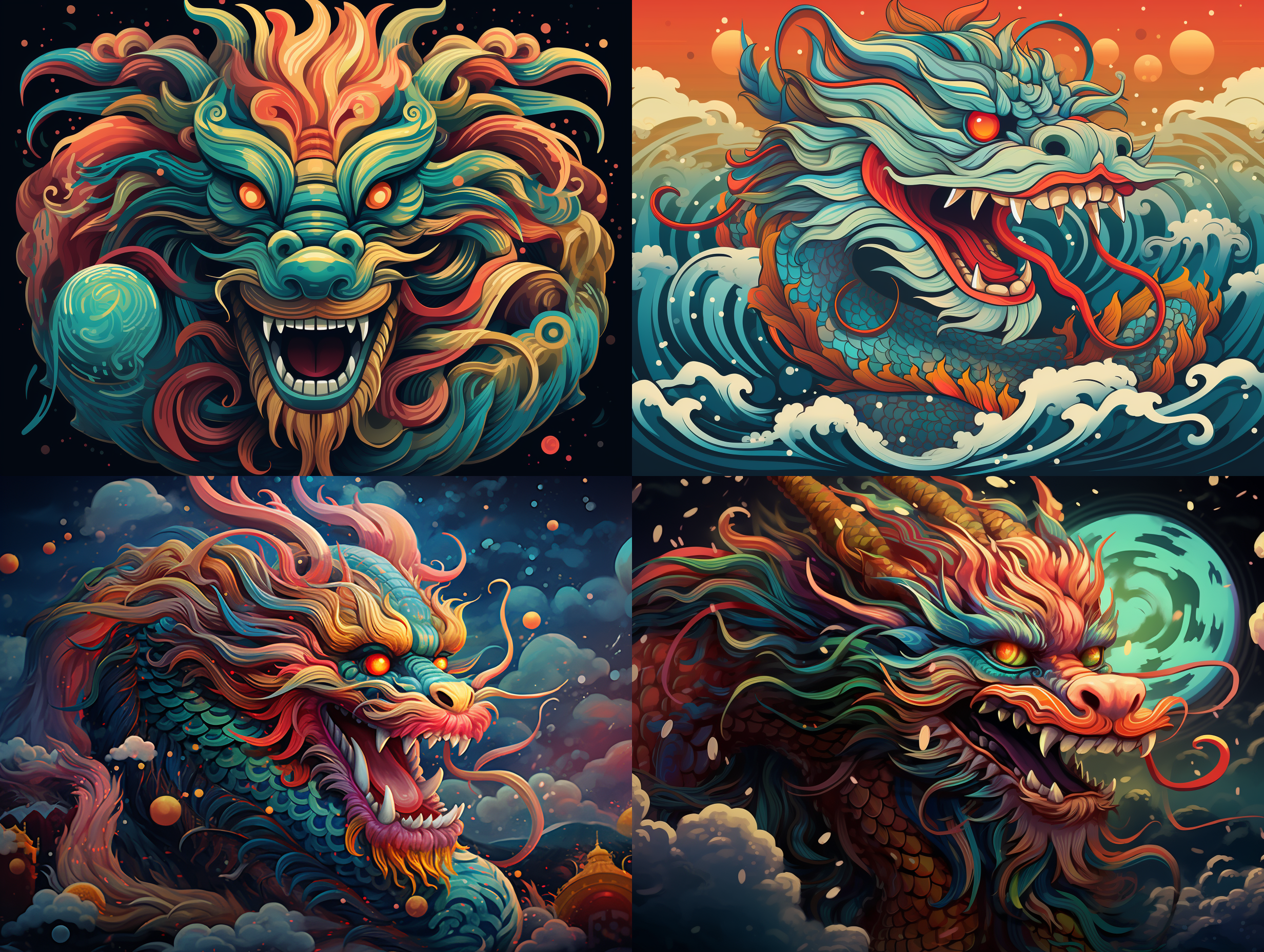 生成一个贺年海报，五颜六色中国龙，颜色和谐，专业配色