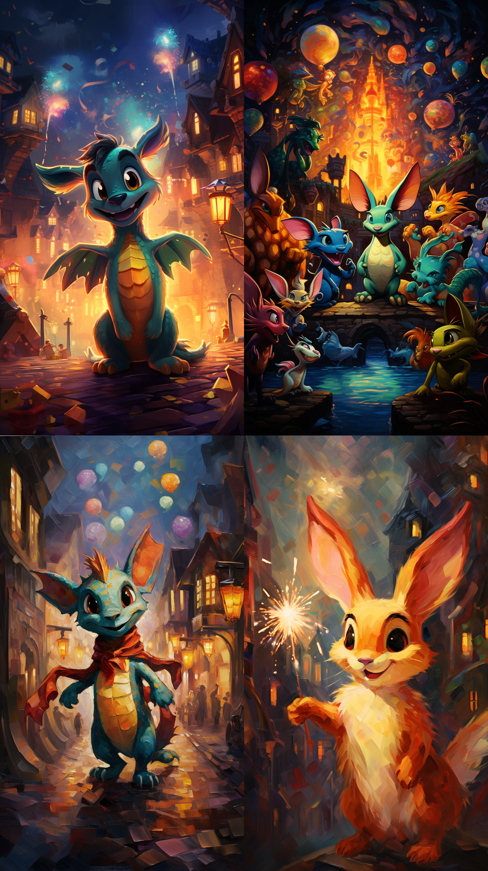 迪士尼风格年画，欢快的氛围，夜晚灯火通明的背景，鲜艳明亮的色彩，透视构图，细节丰富，独特卡通风格，光影处理精细，动感十足的角色表情，展现有故事的动态。角色：龙（呆萌可爱傻傻的那种），兔子