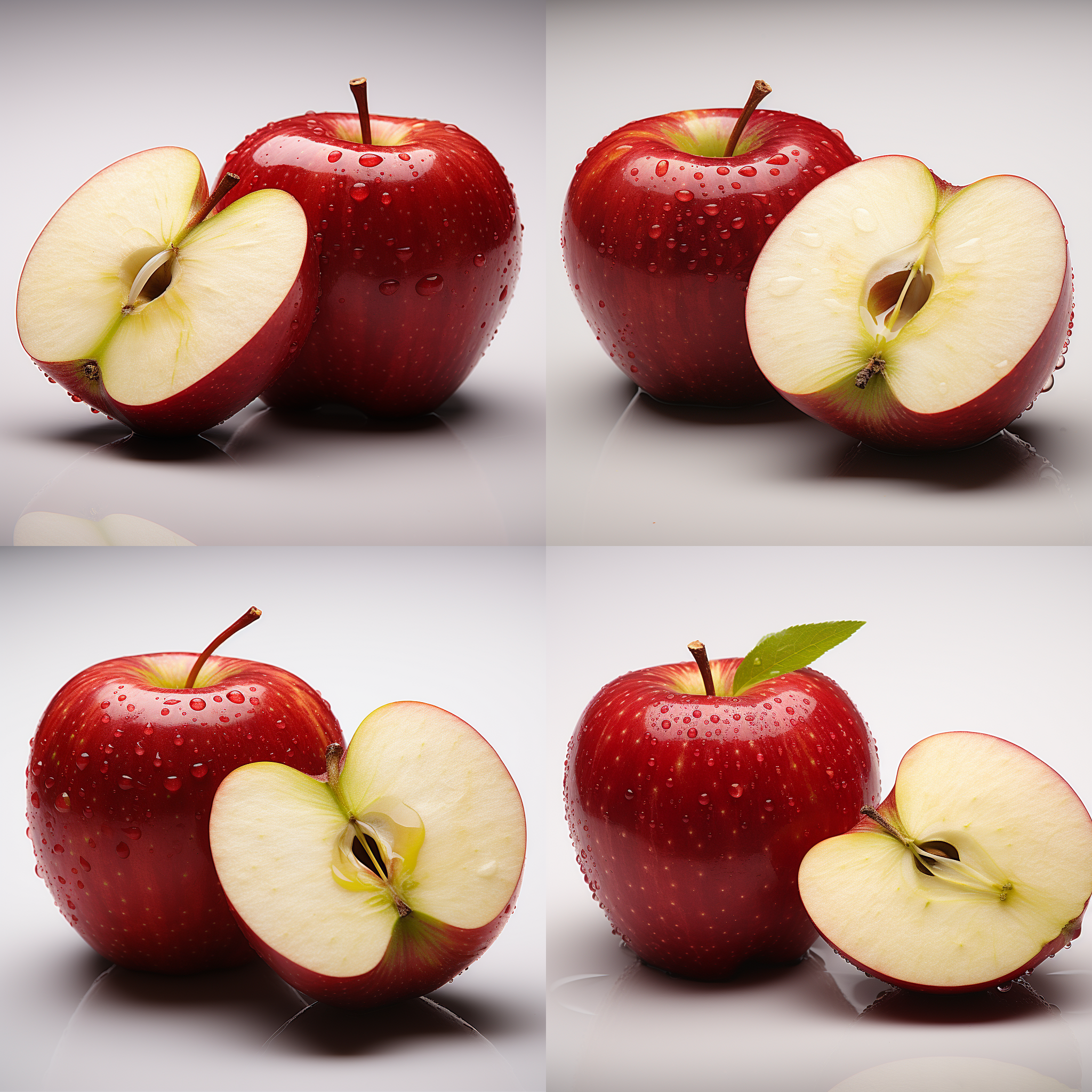 一个红苹果和切开的半个苹果，有水珠，真实，高清