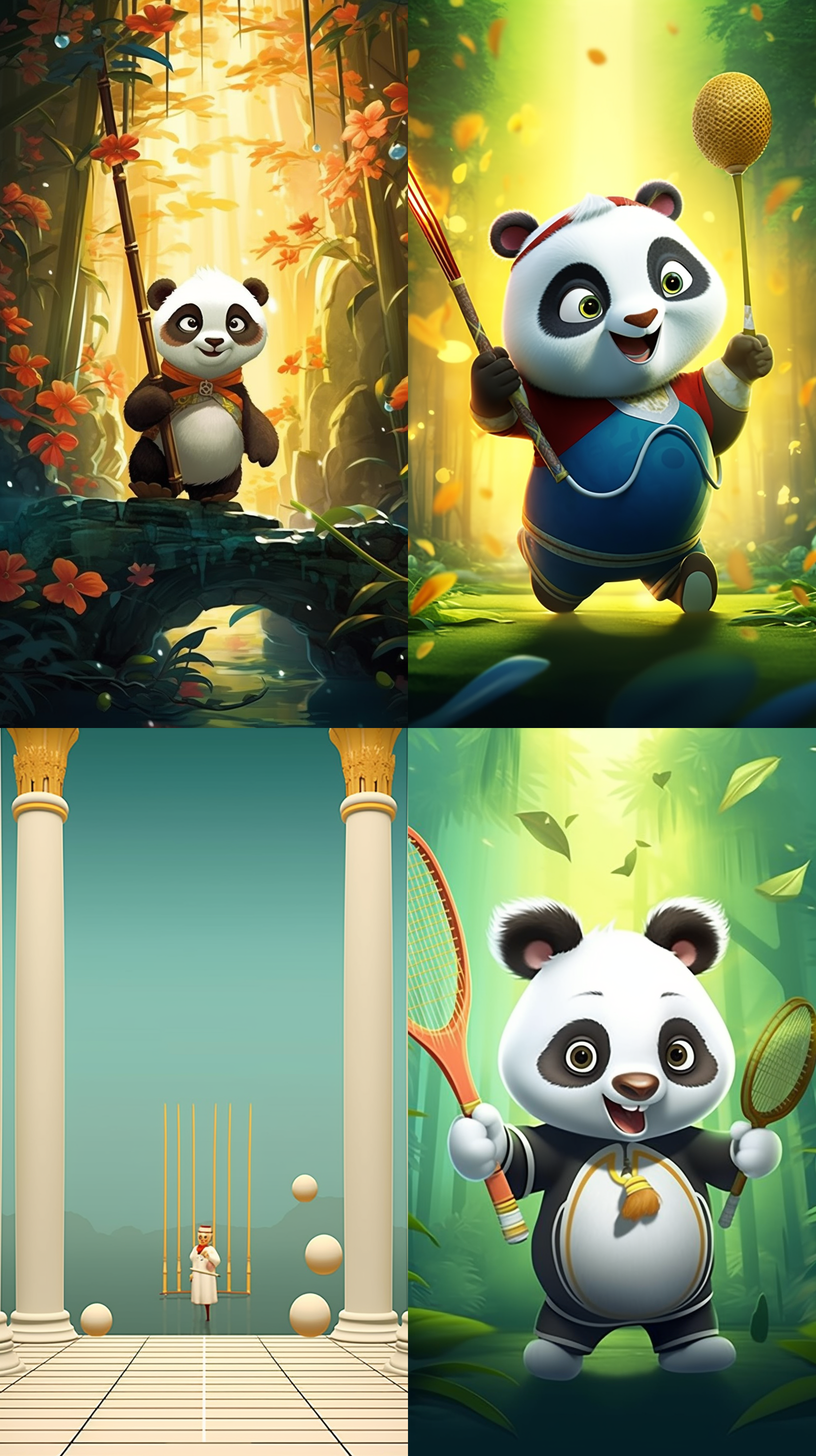 九张连续的帧图，以列的方式进行gif动画，背景是空白的，内容是卡通熊猫打羽毛球。 动画艺术