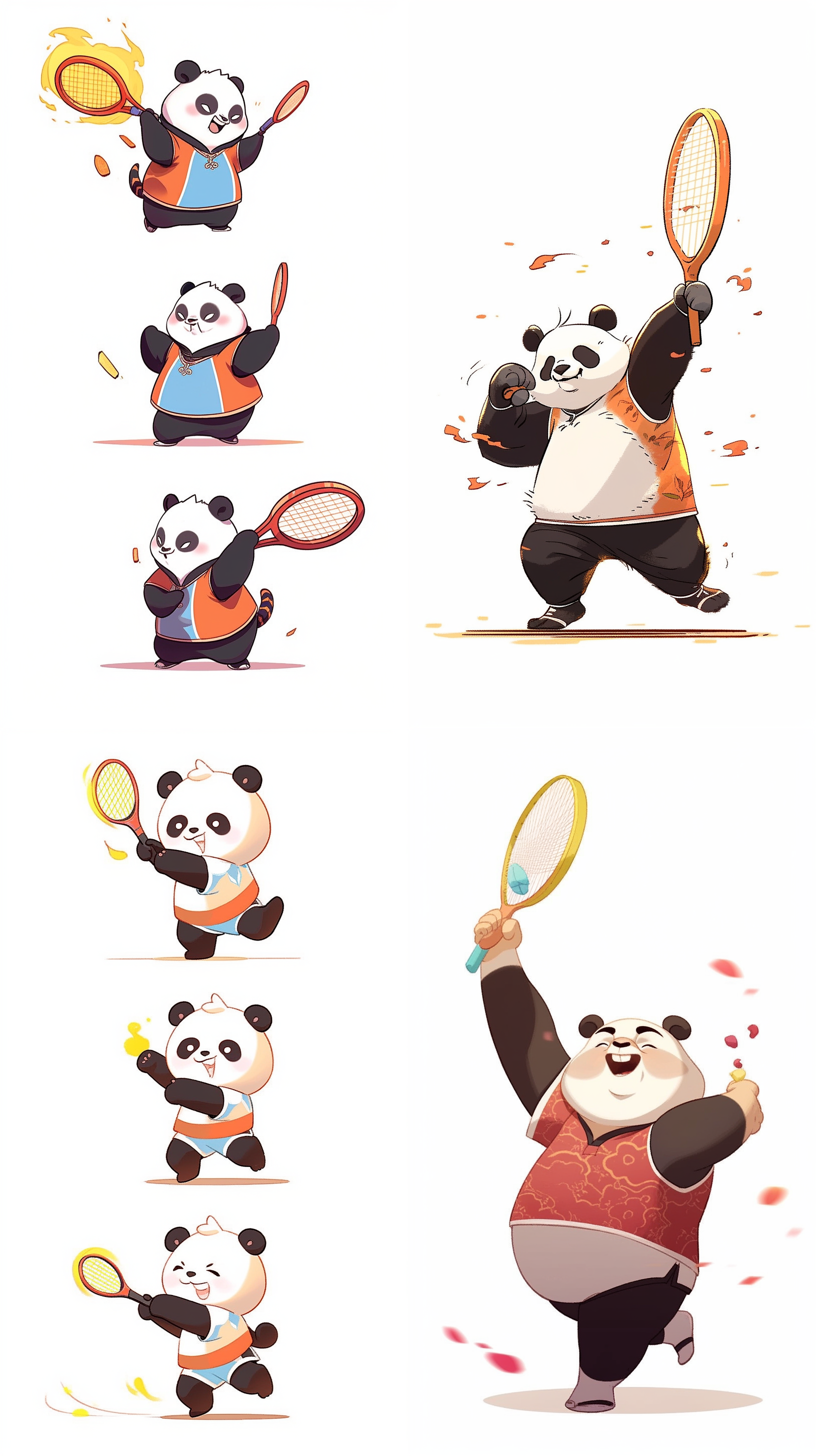 一只卡通功夫熊猫在打羽毛球，4个动作不同，白色背景 动画艺术