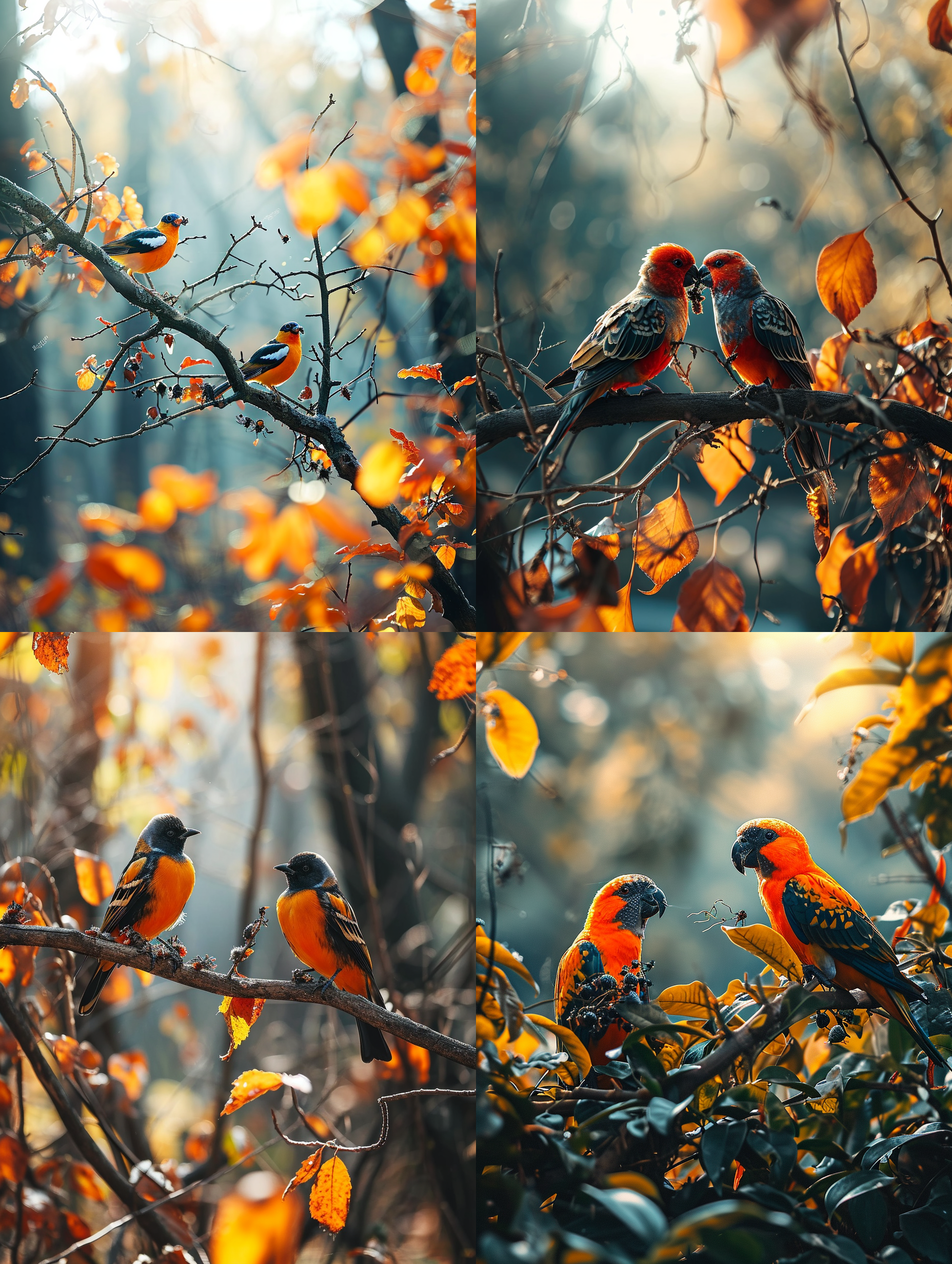 森林的树枝上，两只黄鹂鸟在给小黄鹂哺食喂小虫子，温暖和煦的林中阳光光束照在鹦鹉的身上，多彩色的羽毛莹光闪闪，专业动物摄影，徕卡高端相机专业摄影，中景镜头，全景，周边是秋季五颜六色的林中霜叶，黄鹂鸟可爱古灵精怪的样子，可笑，阳光光线，野外真实光线，超写实，现实风格，8k超高清画质