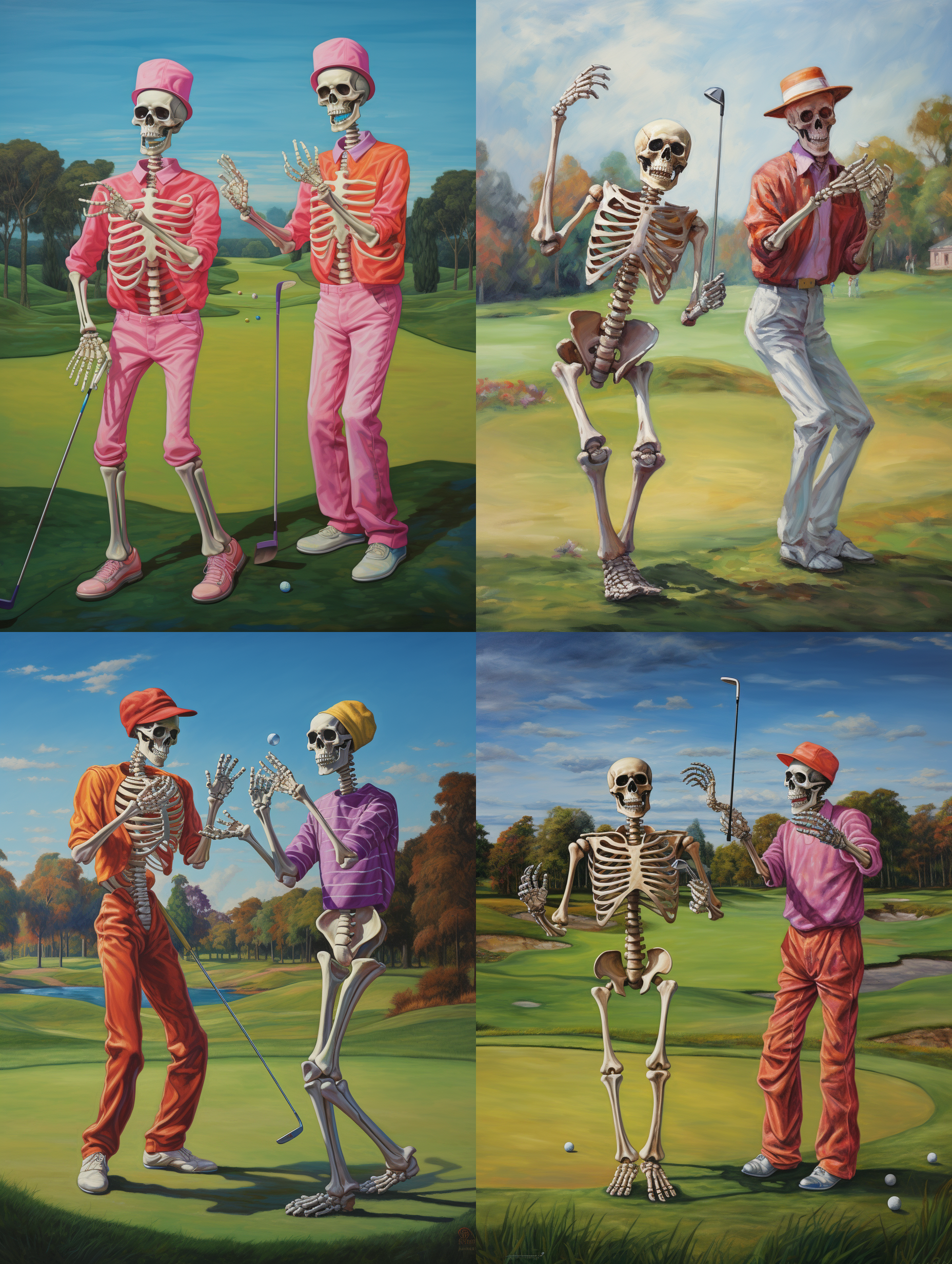 二个骷髅人在高尔夫球场上打球，绿油油的高尔夫球场，骷髅人挥动球杆，穿着五颜六色的衣服