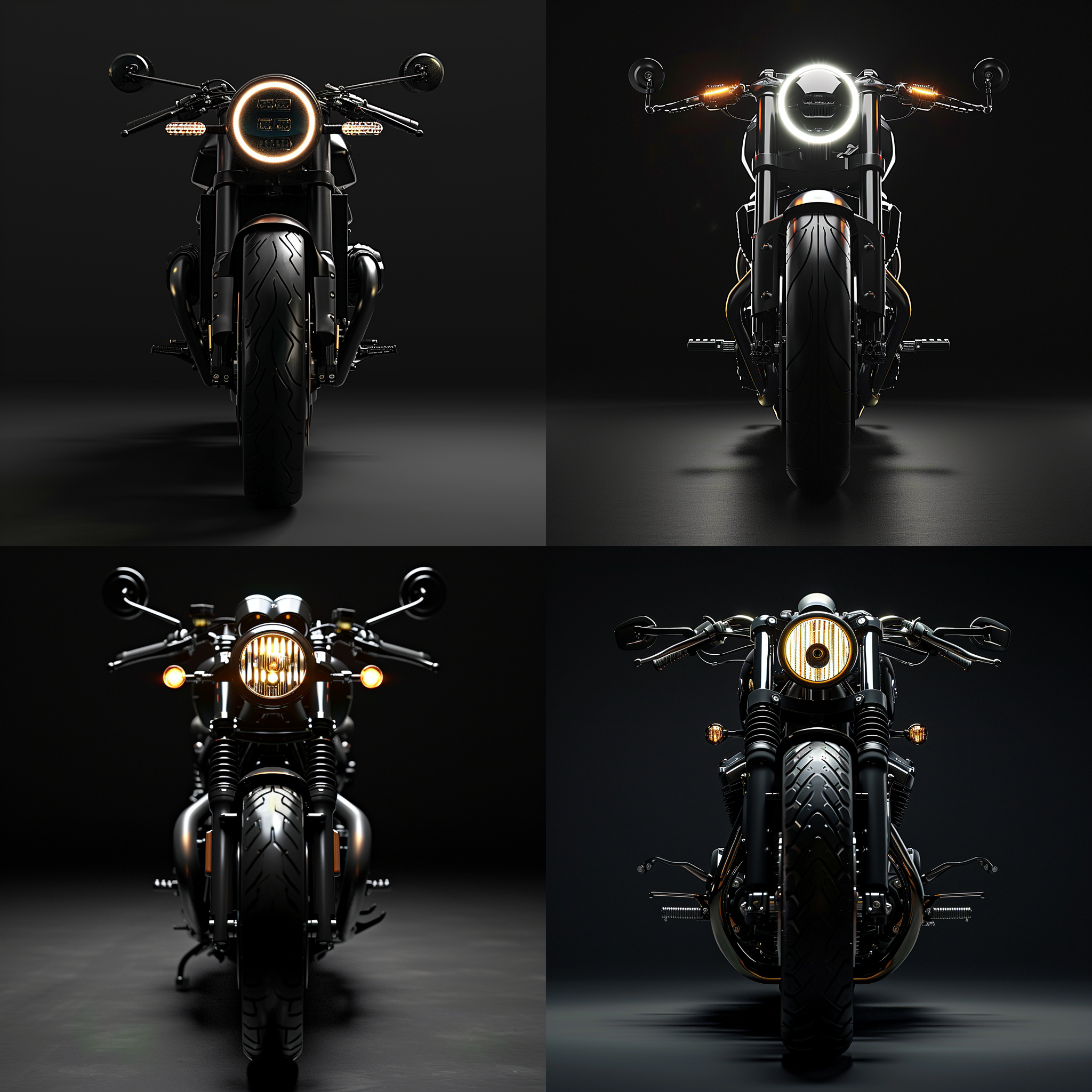黑色背景，45°视觉，摩托车，圆形大灯，运动风格，超真实，超详细，超高清，超真实，