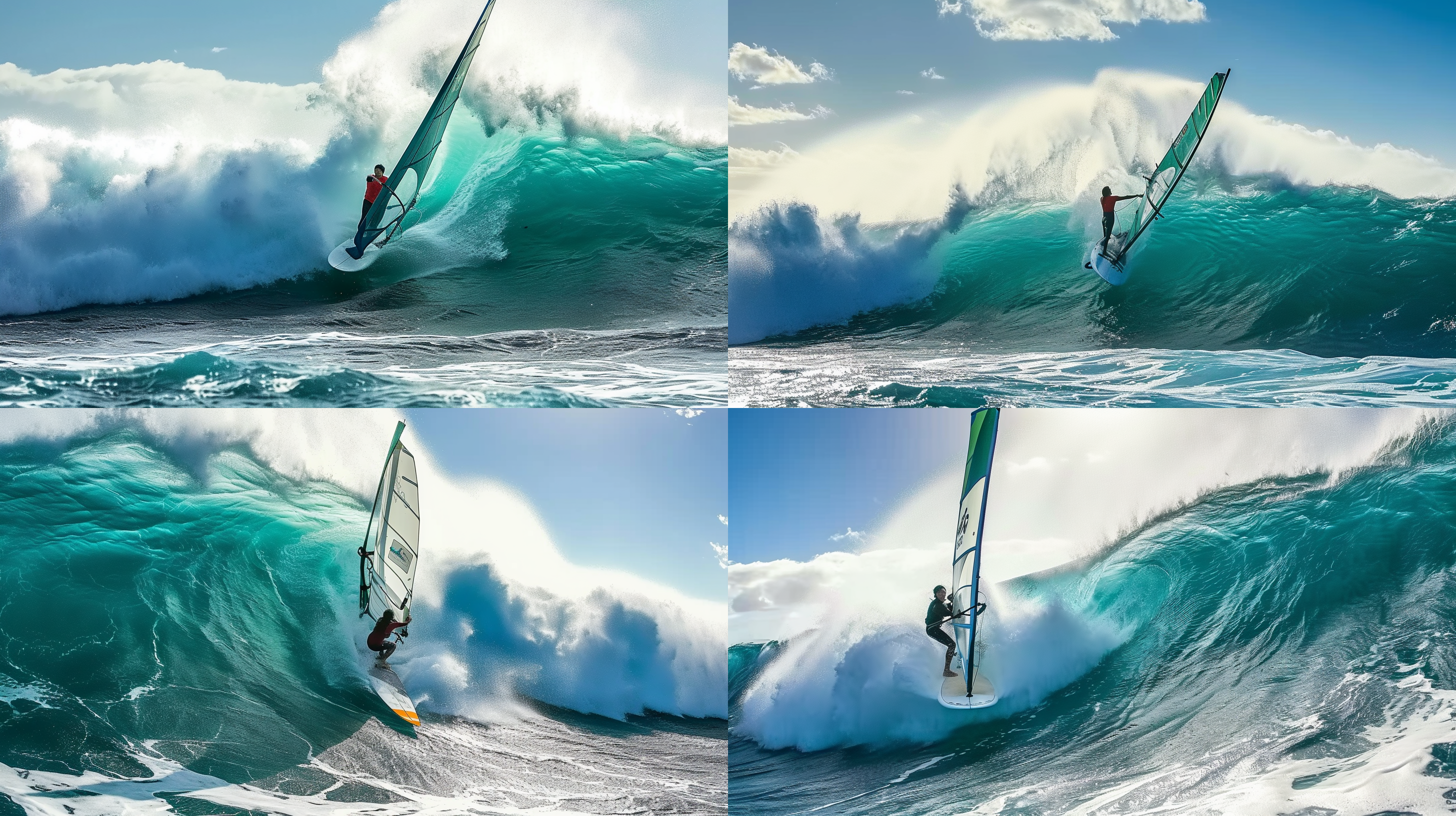 一艘帆板在巨浪中前行，巨浪，广角镜头，亚洲面孔，男人，风光摄影，明亮高饱和度，超宽画面比例