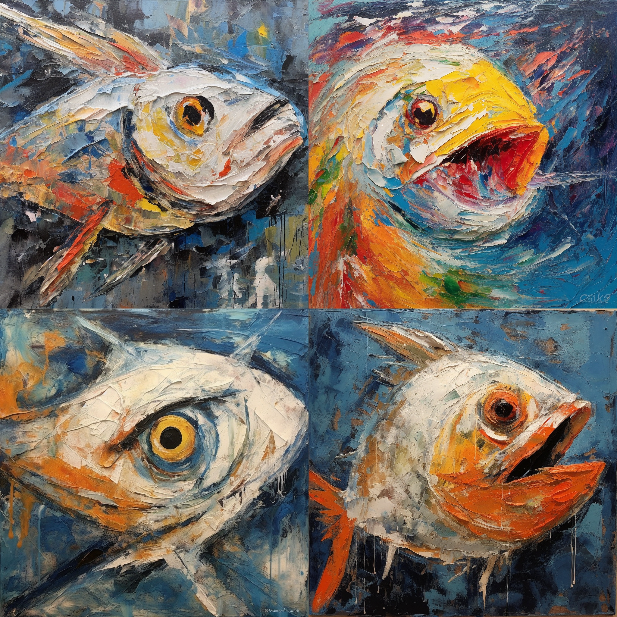 一条咸鱼，抽象油画，色彩混淆，表现主义画作，极度夸张