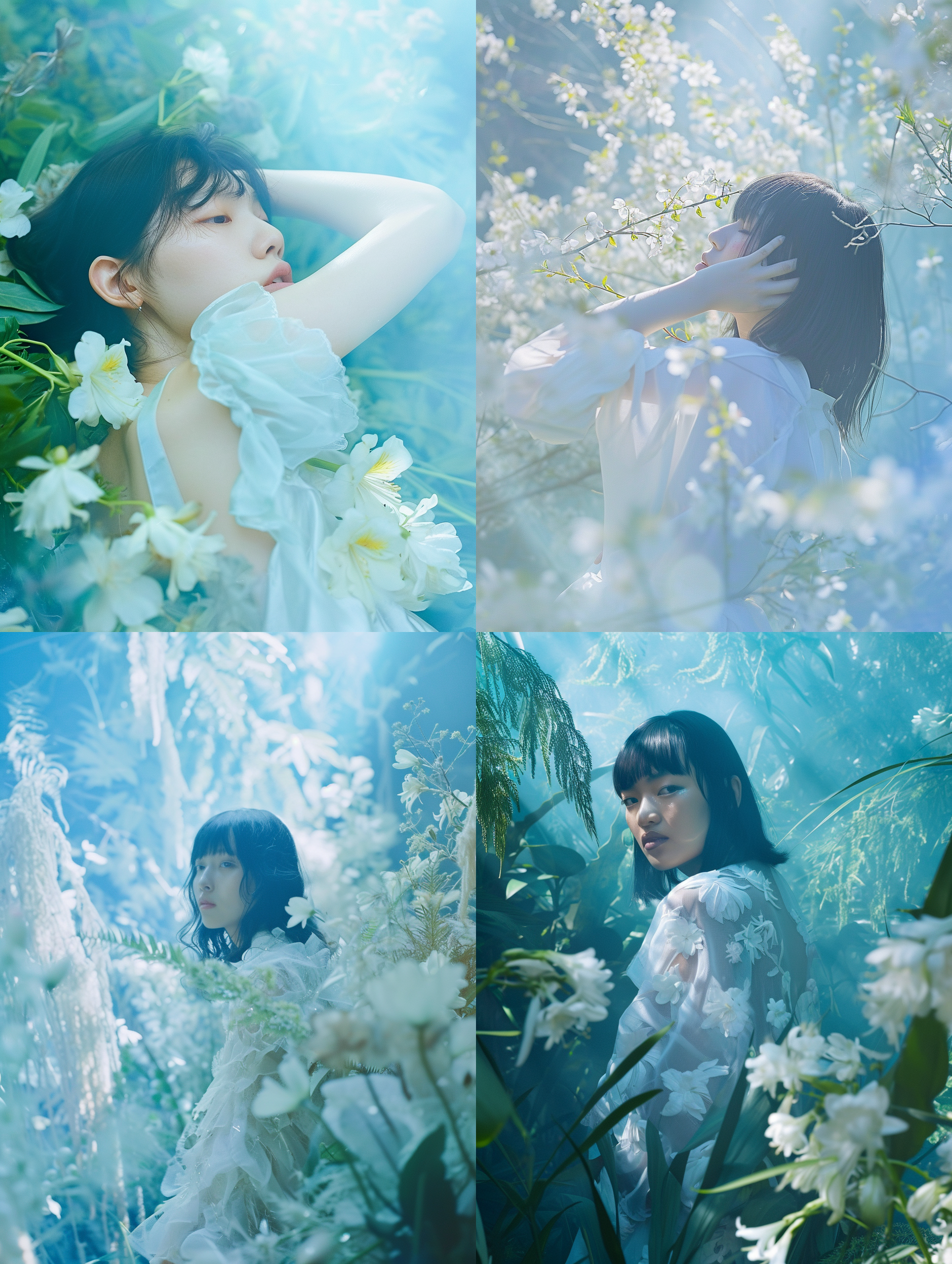 a woman,photography by rinko kawauchi,model nana komatsu in lightblue fantasy rainforest,with white flowers,backlight,golden hour,video screen capture
