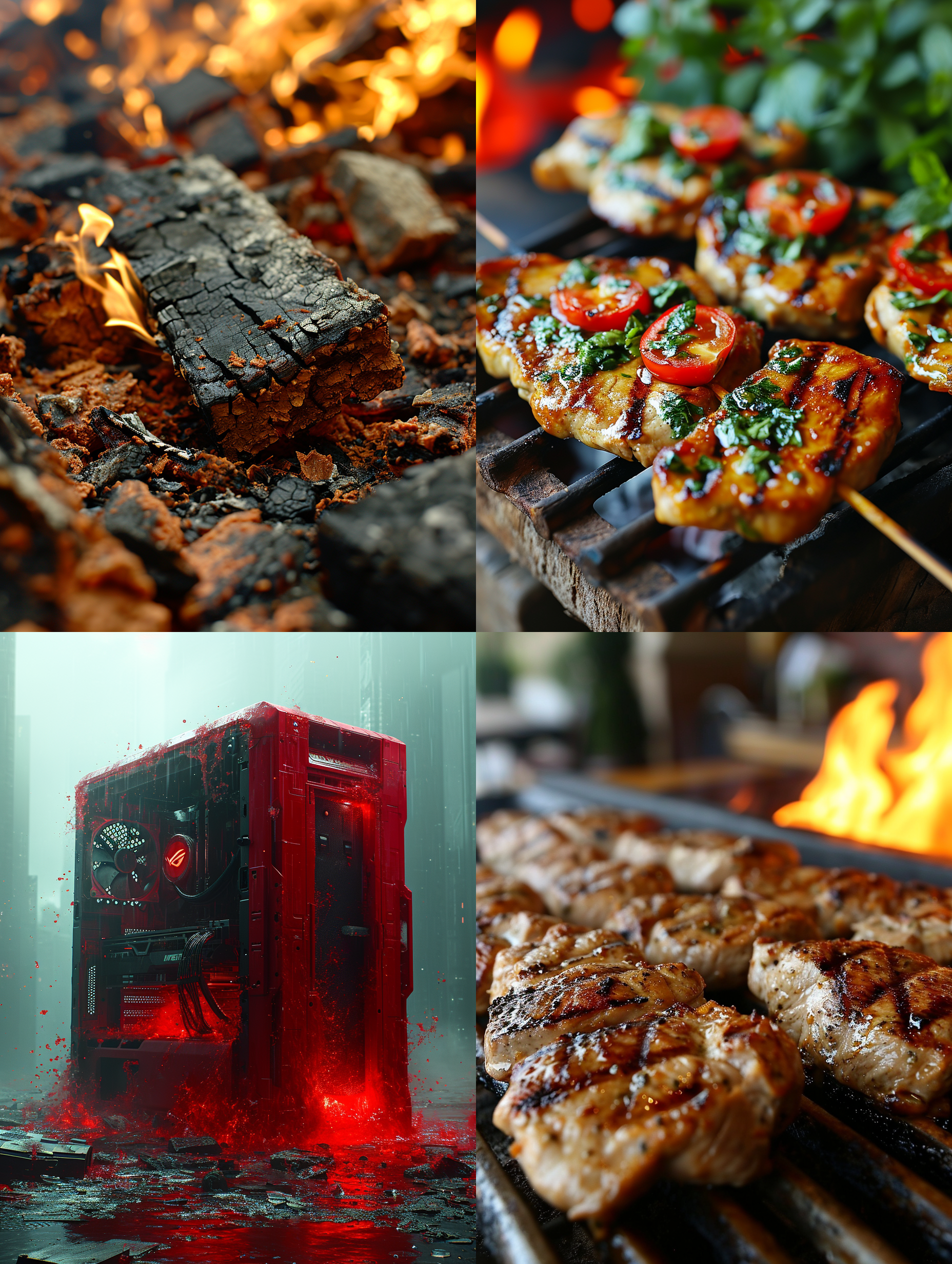 cpu烤肉，极高温度，科幻风格，黑暗背景，红色火光，微距镜头，烟雾弥漫，翻转，炙烤，热力四溅，刺激。