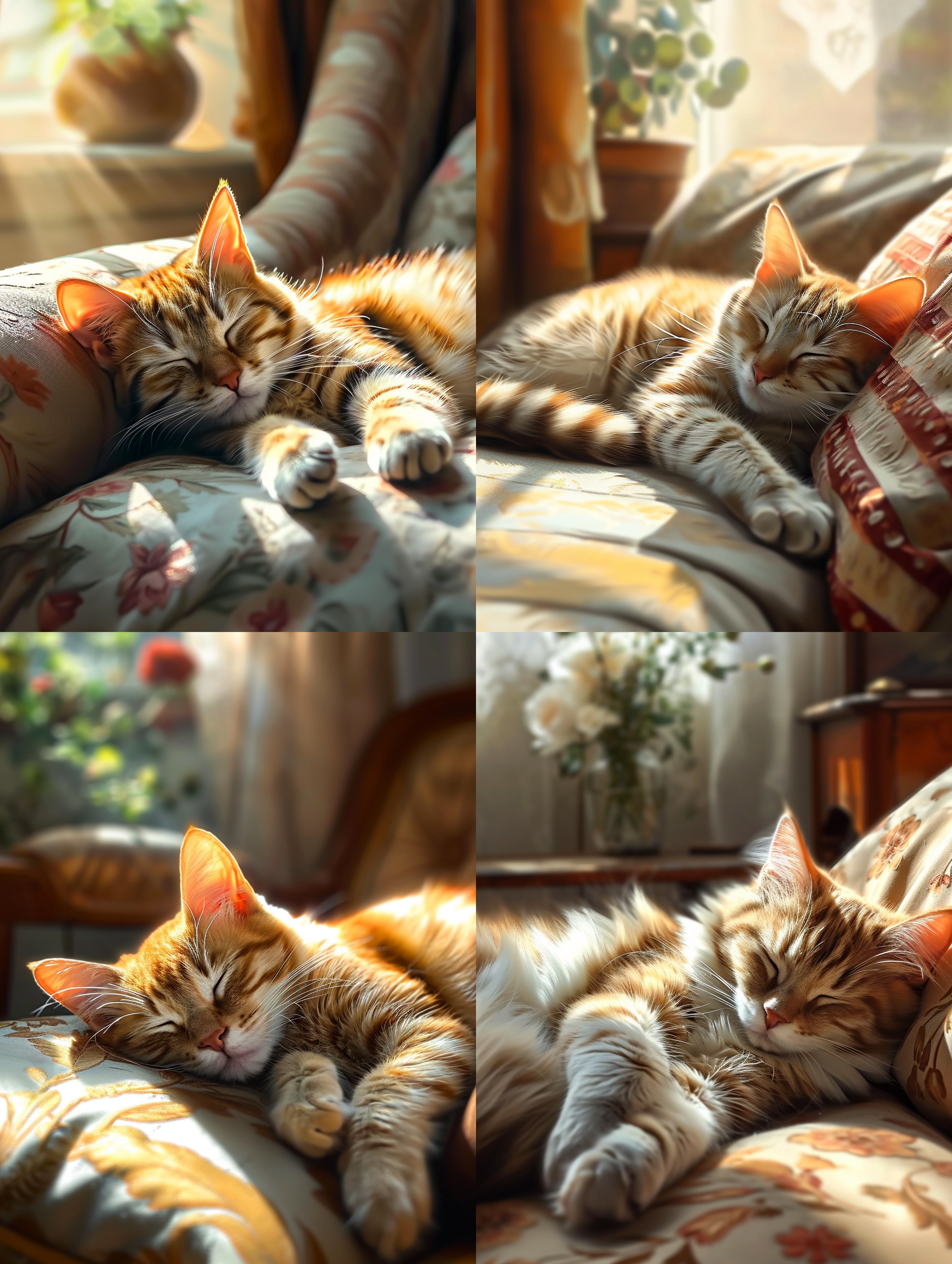 可爱的花猫猫咪趴在沙发上打盹，睡姿可爱，古怪，阳光光线，室内真实光线，写实，现实风格，超高清