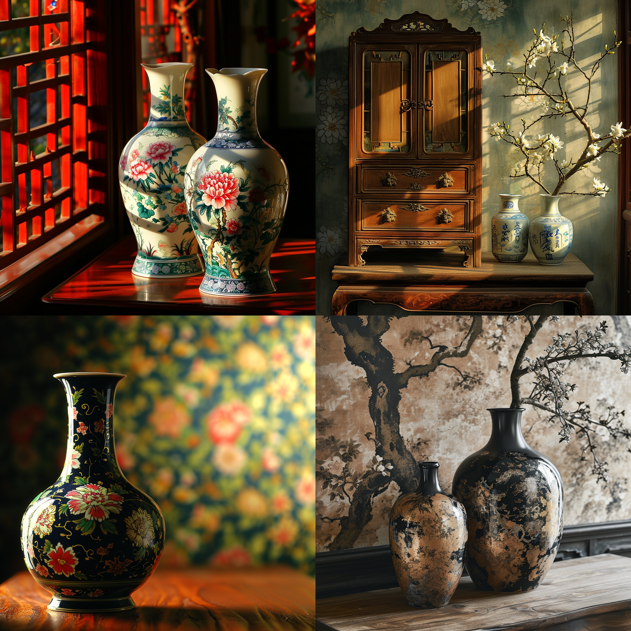 古董花瓶，精致的陶瓷艺术品，摆放在红木桌上，背景是柔和的壁纸。透过窗户，阳光洒在花瓶上，营造出温暖的氛围。画面呈现细腻的绘画风格，利用广角镜头突出花瓶的纹理和细节。浓郁的色彩和明暗对比增加了戏剧感，唤起观者的怀旧情感。