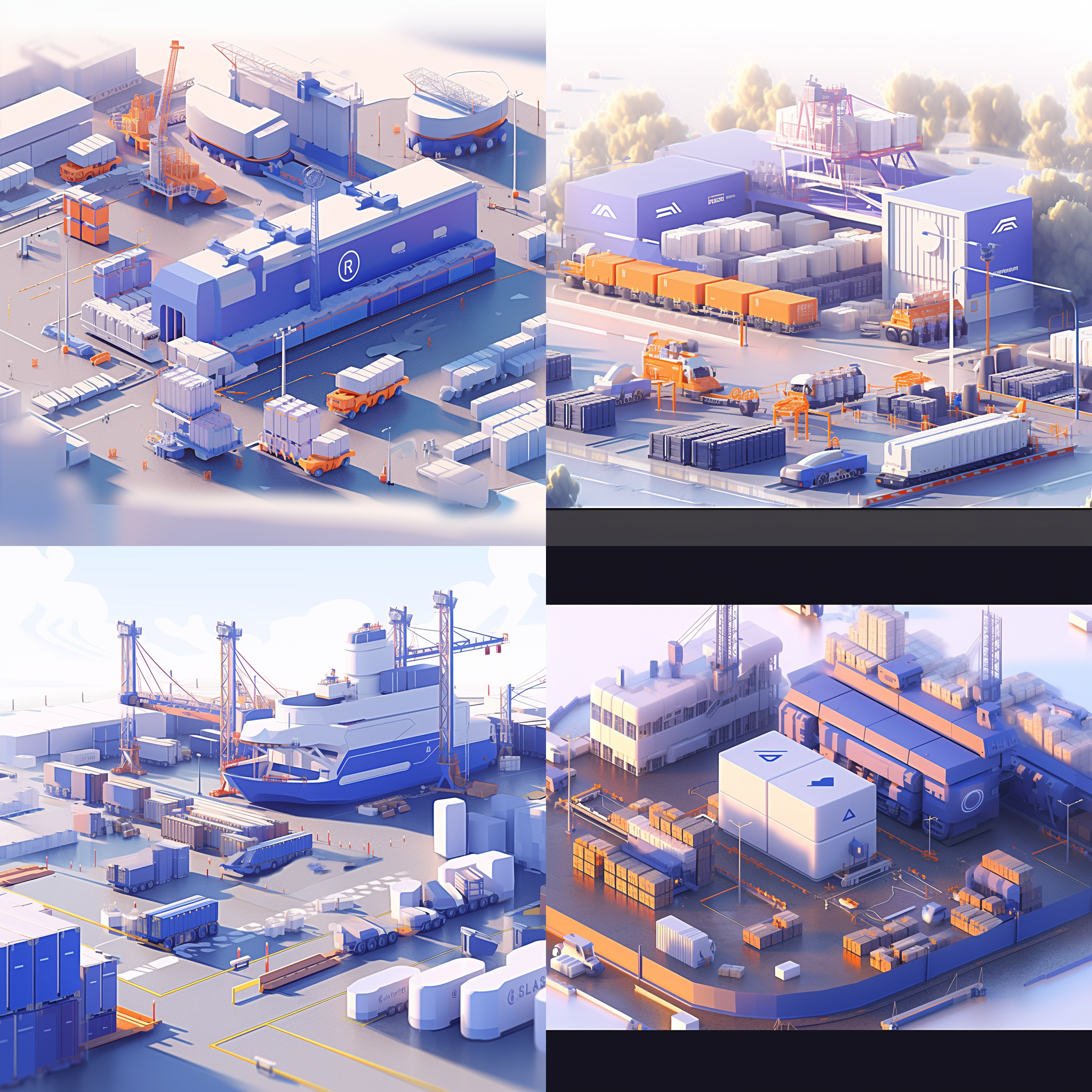 物流园区，宽广的场景，饱满的活力，现代科技感，明亮的色彩，高清晰度，长焦镜头，运输车辆来往，繁忙的人流，机器装卸货物，令人振奋的景象，4k分辨率, 使用了blender和octane render进行渲染，