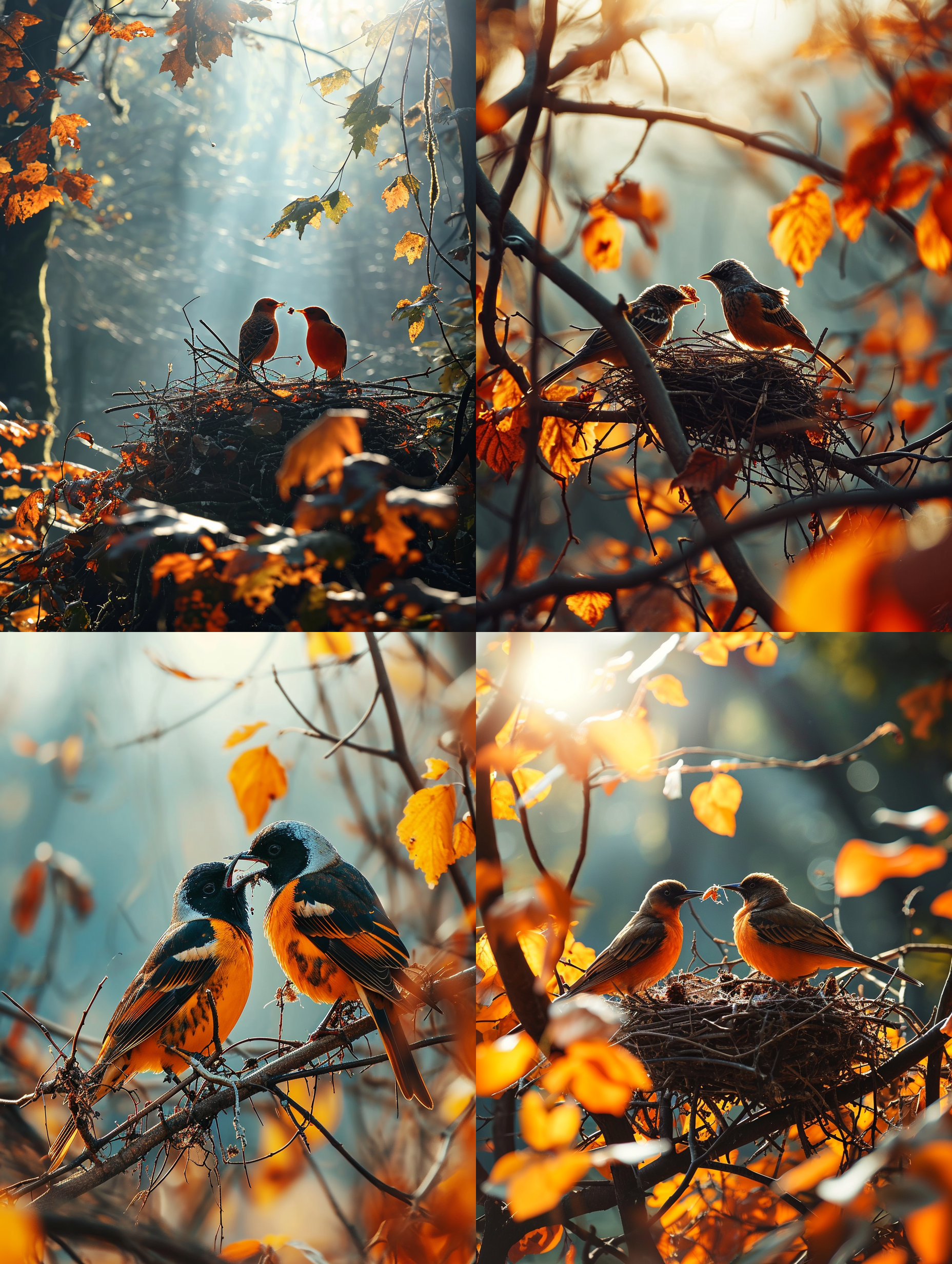 森林的树枝上的黄鹂鸟鸟窝，两只黄鹂鸟在给小黄鹂喂小虫子，温暖和煦的林中阳光光束照在黄鹂鸟的身上，彩色羽毛莹光闪闪，专业动物摄影，徕卡高端相机专业摄影，中景镜头，全景，周边是秋季五颜六色的林中霜叶，黄鹂鸟可爱古灵精怪的样子，可笑，阳光光线，野外真实光线，超写实，现实风格，8k超高清画质