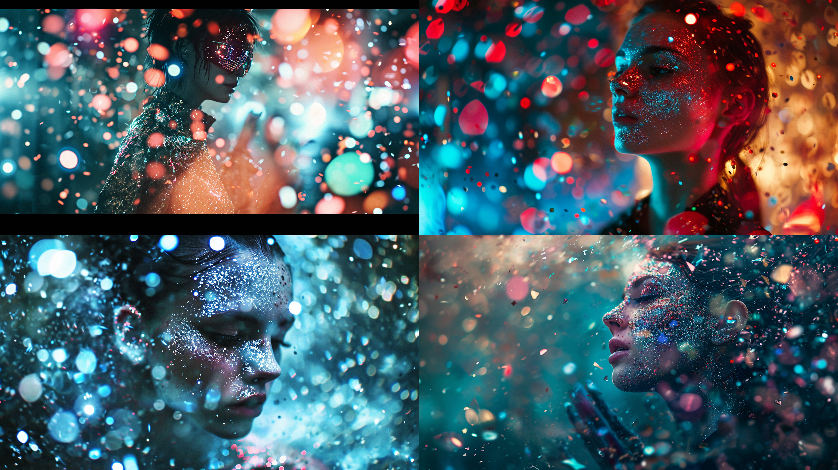 银河星波未来主义风格的月球朋克时尚摄影，真人大小的五彩纸屑，空灵的超现实主义景深，扭曲的现实，低调的高级时装科幻运动服，霍尔加中画幅相机 光绘