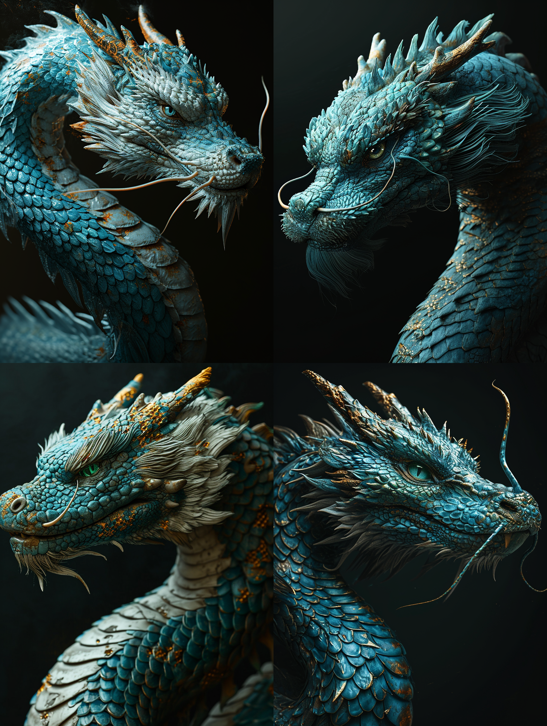 藏身暗处：纯黑背景中有一条蓝色的东方龙，龙身带有花纹，数字图像处理风格，灰白色和翠绿色，uhd 画质，作者为 caras ionut，灰白色和翠绿色，引人注目 中国龙