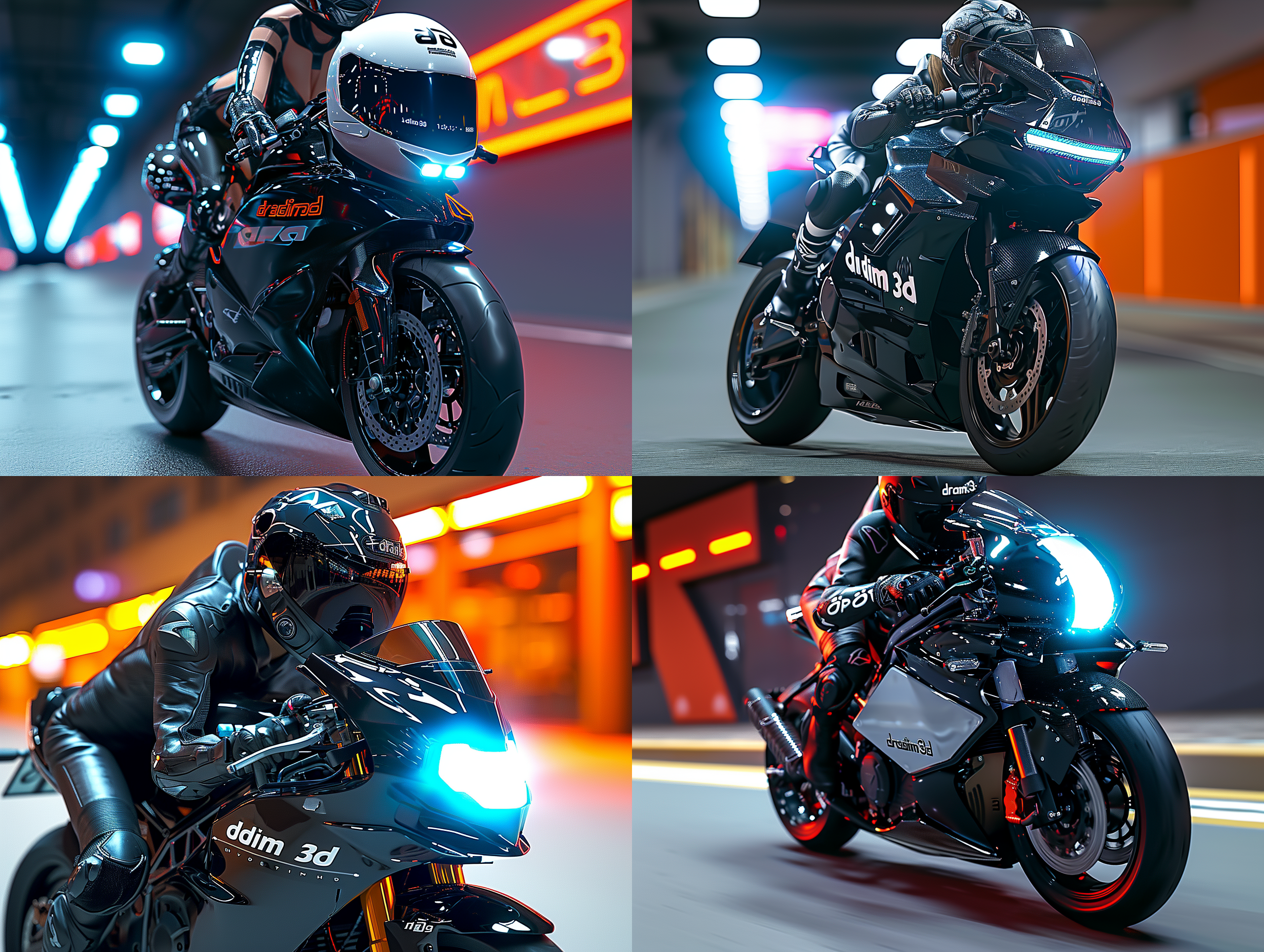 一位美女职业骑手骑着具有极具科技感和未来感的电动摩托飞驰在未来感的超级大城市的街道上，戴着有科技感和科幻感的ar智能头盔，头部前面呈现智能投影的导航画面和数据图，要有摩托和头盔上有"dradim3d"logo标志，8k超高清画质，画面极具运动感，画面色彩丰富，科技感强烈，科技美学 