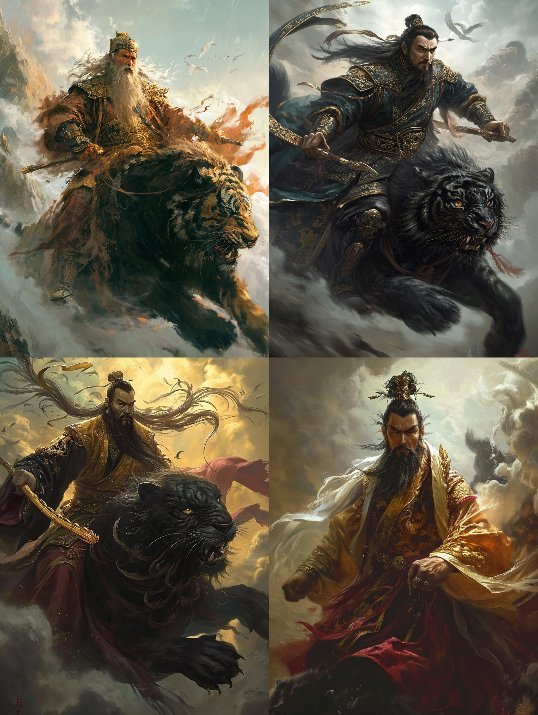  赵公明骑着一只的黑色猛虎，他的身体与猛虎紧密贴合，赵公明外表高大威猛，赵公明身着华丽的锦袍，九云冠上金霞缭绕，绛红色的绢衣上仙鹤飞舞。五绺长髯随风飘动，他双手紧握着两根金鞭，鞭身通体金光闪闪。鞭柄上刻满了精美的花纹和图案。鞭尾细长，饰有华丽的金银丝线， 身下骑着的黑虎雄壮威武，它的皮毛乌黑亮丽，黑虎的眼睛炯炯有神。它的獠牙尖利，黑虎的四蹄踏着祥云，它的肌肉紧绷，充满了力量，画面的背景是一片风起云涌的天地，祥云缭绕，金光闪闪。赵公明与黑虎一同凌驾于云海之上，仿佛置身于仙境之中。摄影黑白纪实，电影灯光，三分构图 