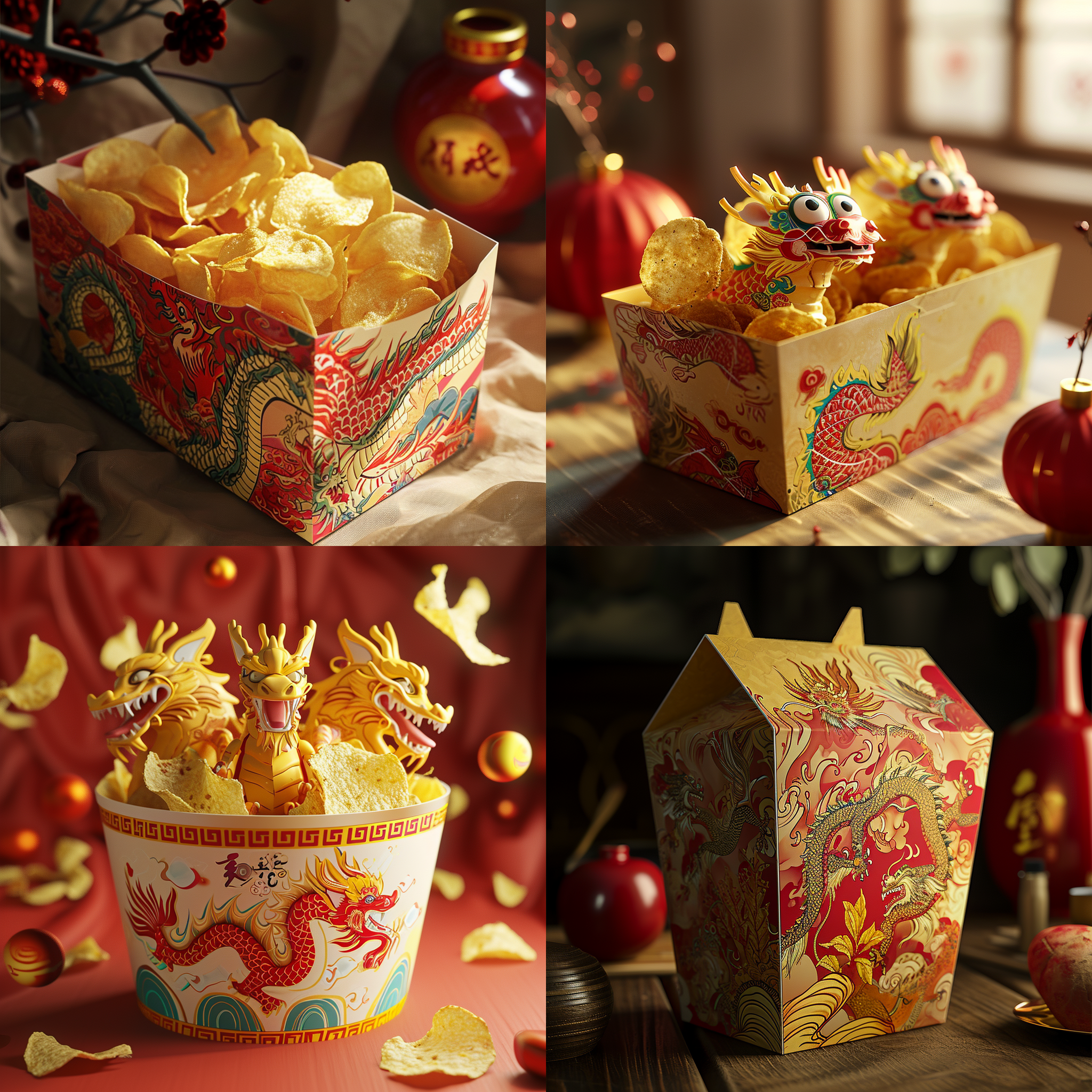 一个造型独特的薯片零食包装盒，大胆的想象，淡金色与红色主色调，国潮风格,梦幻般的插画，三只卡通龙元素，瓦楞纸材质,高细节,产品摄影，影棚光照，中国新年氛围