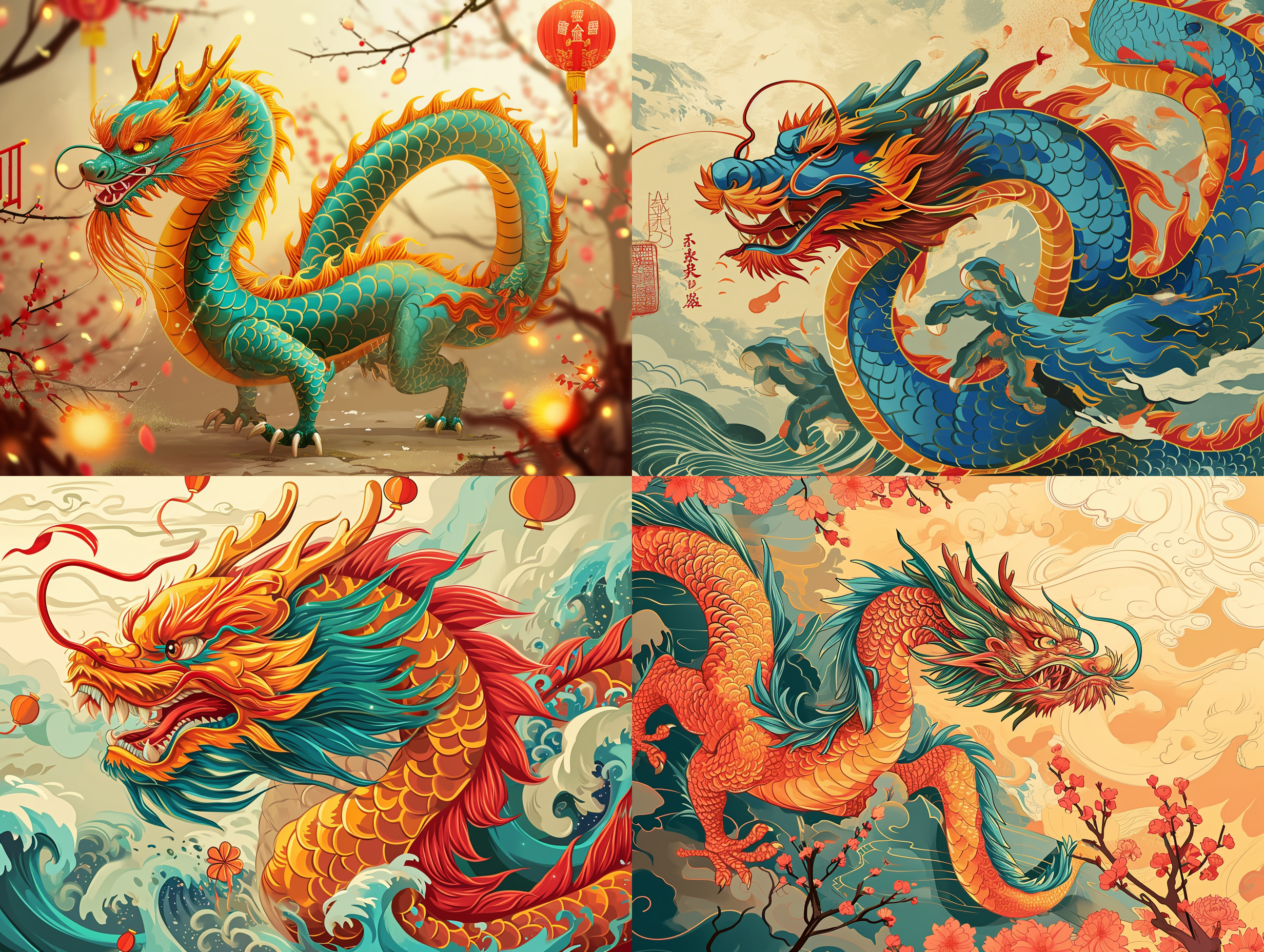生成一个贺年海报，一条彩色的卡通中国龙，专业配色，表现出元且和春节的喜庆