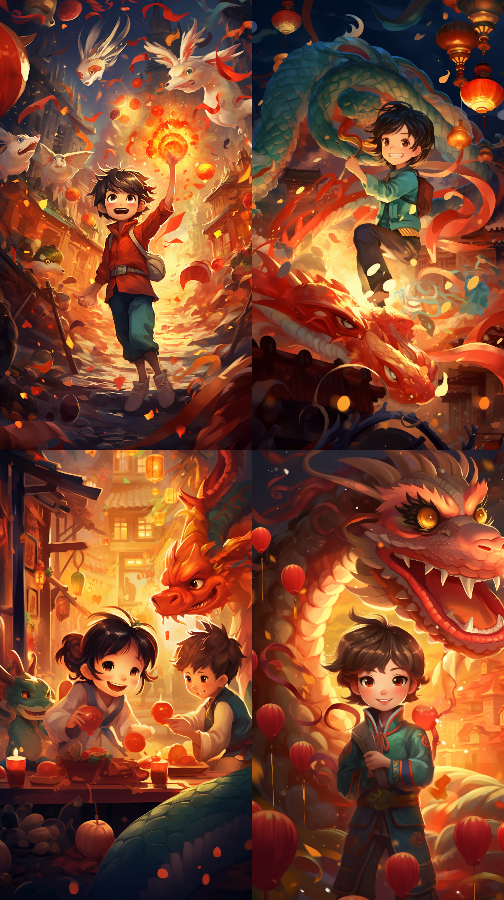 中国风年画，水彩风，欢快的氛围，夜晚灯火通明的中式背景，鲜艳明亮的色彩，透视构图，细节丰富，独特卡通风格，光影处理精细，动感十足的角色表情，展现有故事的动态。画面角色：龙和兔子不要人（呆萌可爱傻傻的那种）