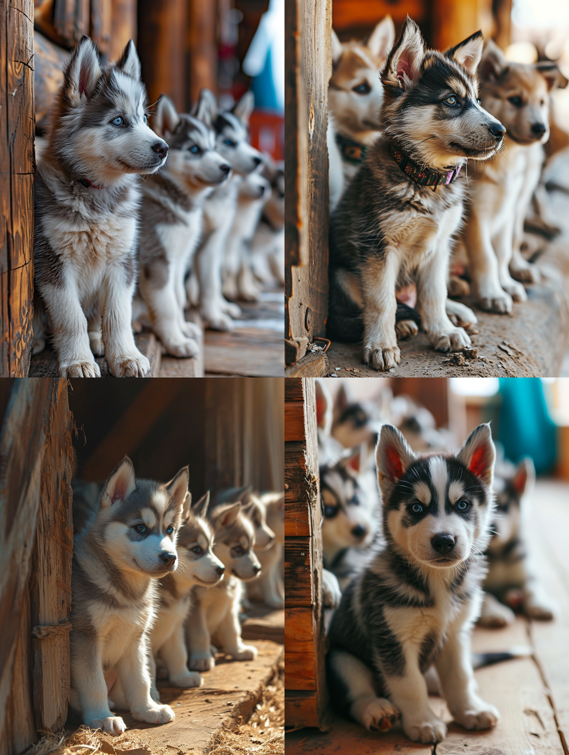 一群可爱的小哈士奇狗崽蹲在狗窝里睁着好奇，惊讶的眼神看着什么！呆萌可爱，古灵精怪，可笑，阳光光线，室内真实光线，写实，现实风格，超高清