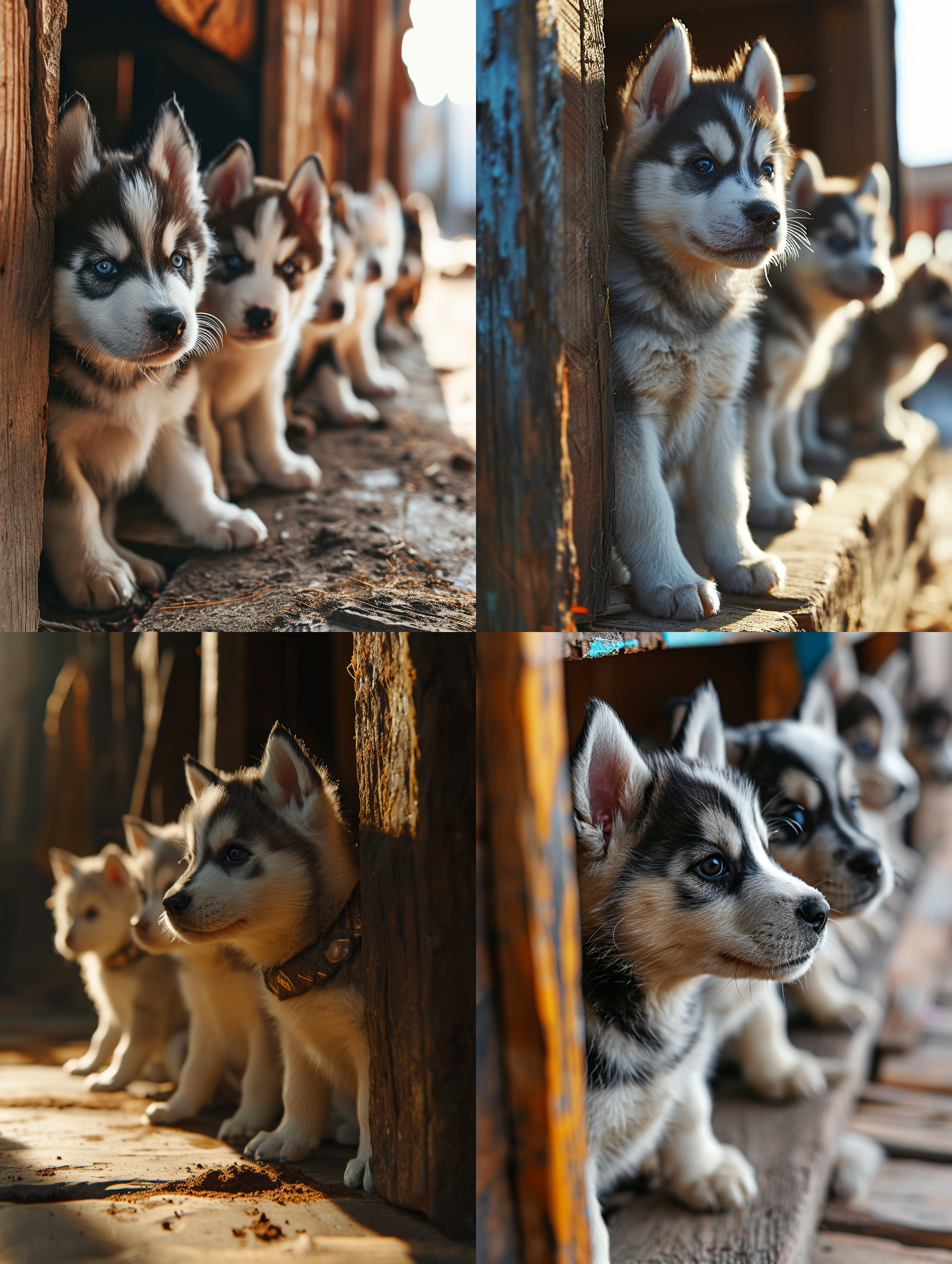 一群可爱的小哈士奇狗崽蹲在狗窝里睁着好奇，惊讶的眼神看着什么！呆萌可爱，古灵精怪，可笑，阳光光线，室内真实光线，写实，现实风格，超高清